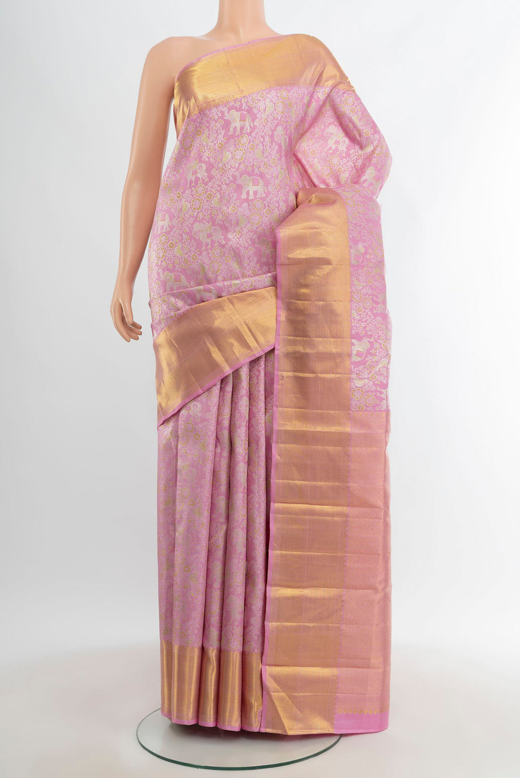 Pure Silk Pure Zari Rose pink Kanjivaram Saree with Zari Brocade on the body and Zari Border.  displayed on a mannequin