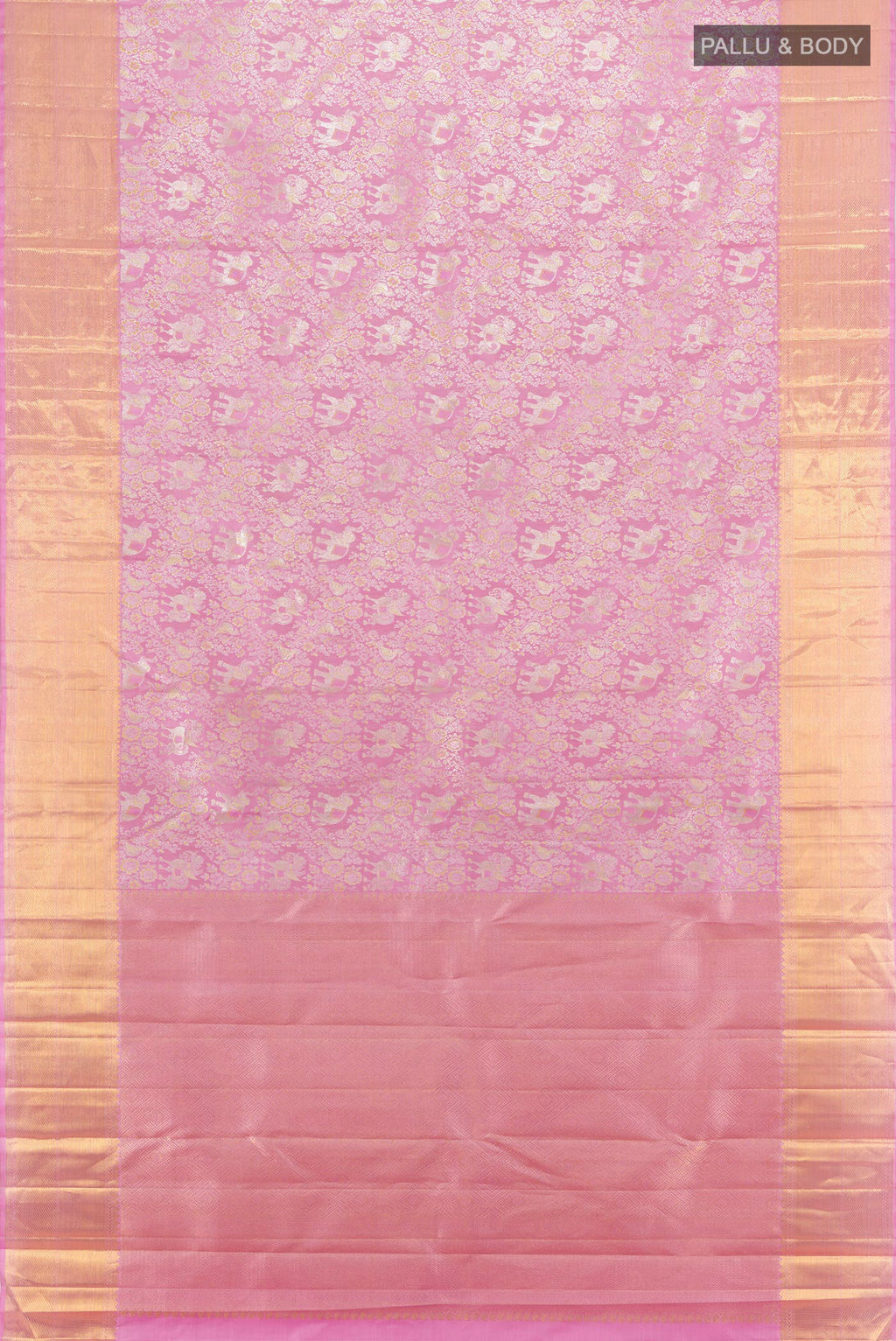 Flat view of Pure Silk Pure Zari Rose pink Kanjivaram Saree with Zari Brocade on the body and Zari Border. 