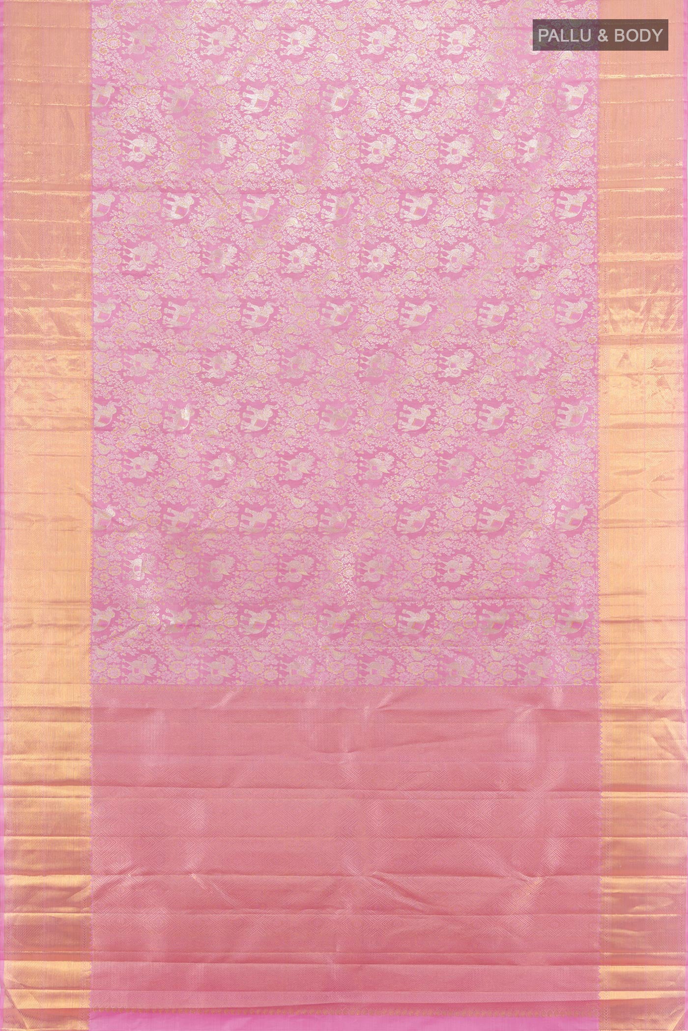 Flat view of Pure Silk Pure Zari Rose pink Kanjivaram Saree with Zari Brocade on the body and Zari Border. 