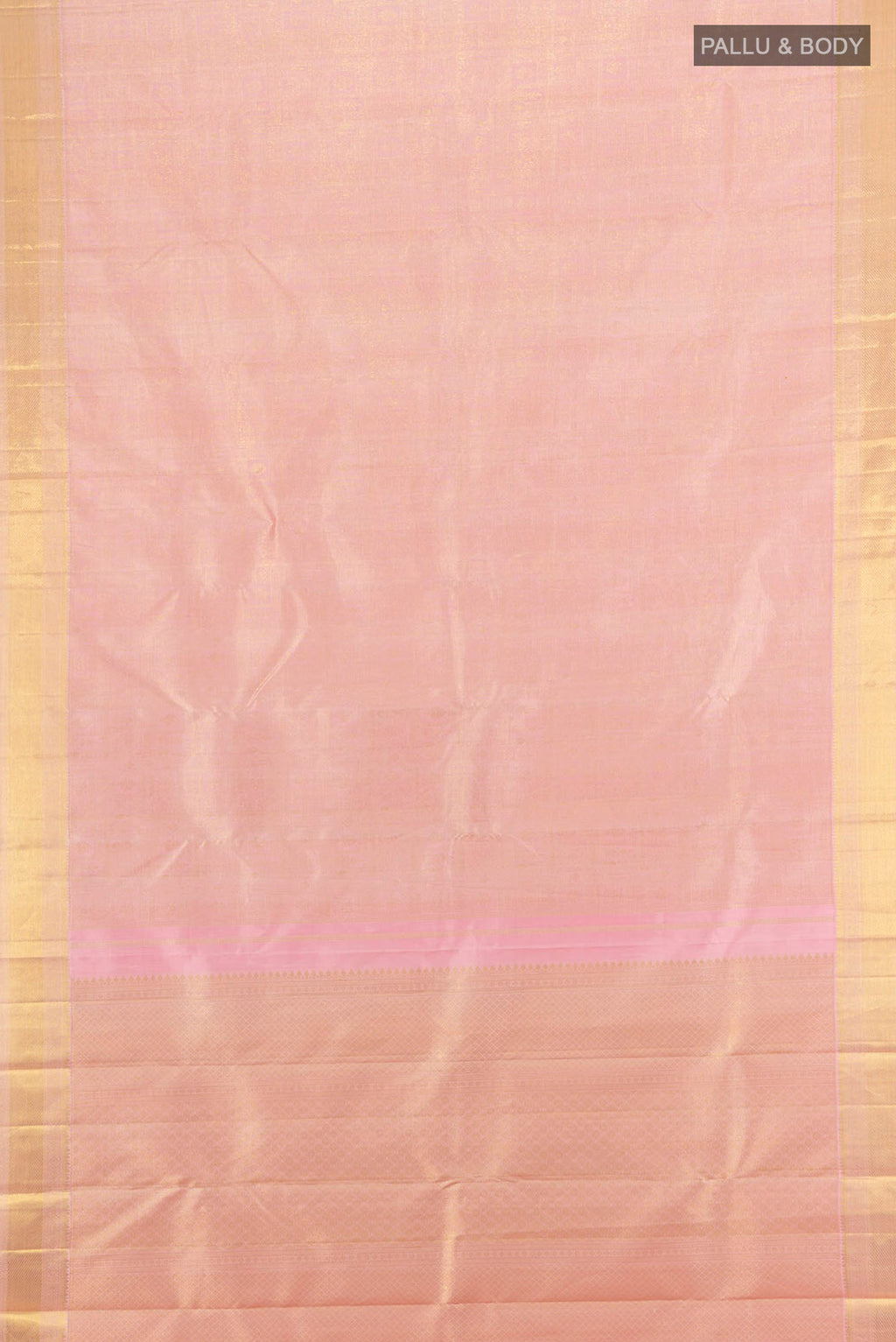 Flat view of Pure Silk Pure Zari Rose Gold Kanjivaram Saree with Zari Brocade on the body and Zari Border. 