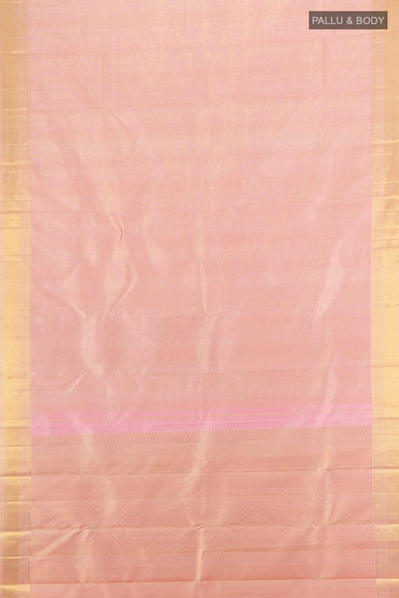 Flat view of Pure Silk Pure Zari Rose Gold Kanjivaram Saree with Zari Brocade on the body and Zari Border. 