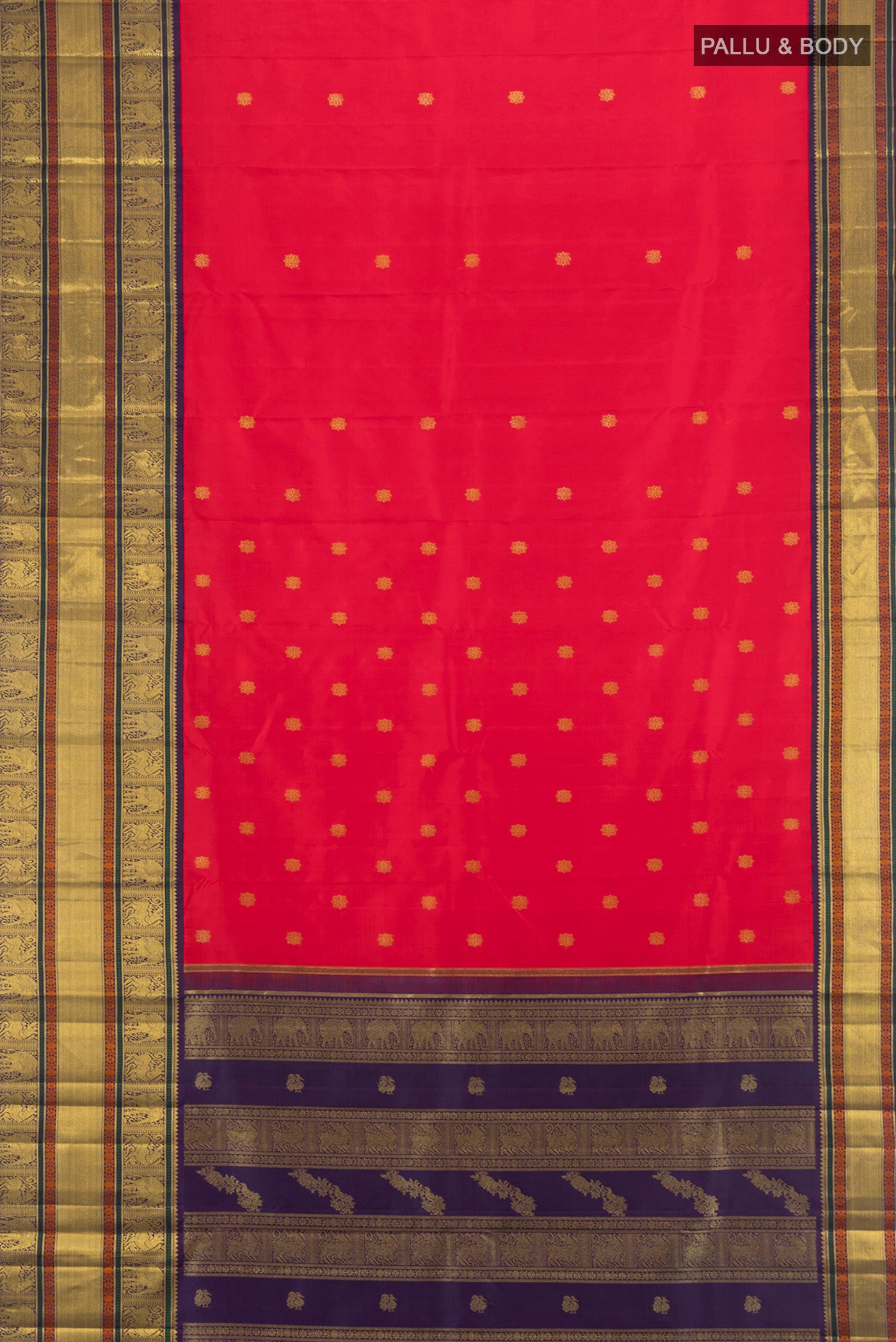 Flat view of Pure Silk Pure Zari Red Kanjivaram Saree with Zari Butta on the body and Zari Border. 