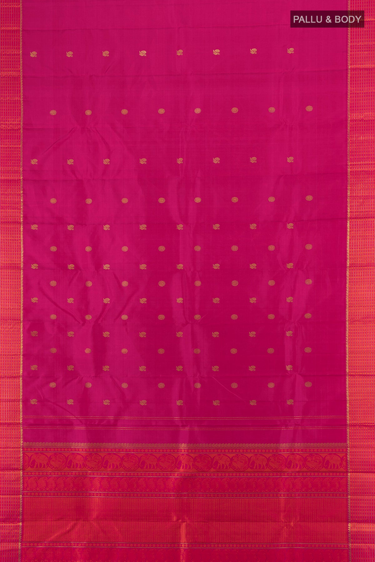 Flat view of Pure Silk Pure Zari Rani Pink Kanchipuram Saree with Zari Butta on the body and Zari And Thread Border. 