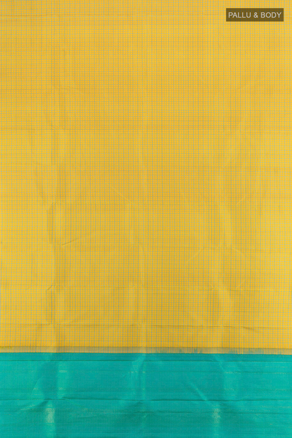 Flat view of Pure Silk Pure Zari Yellow Kanjivaram Saree with Checked design on the body and Without Border. 