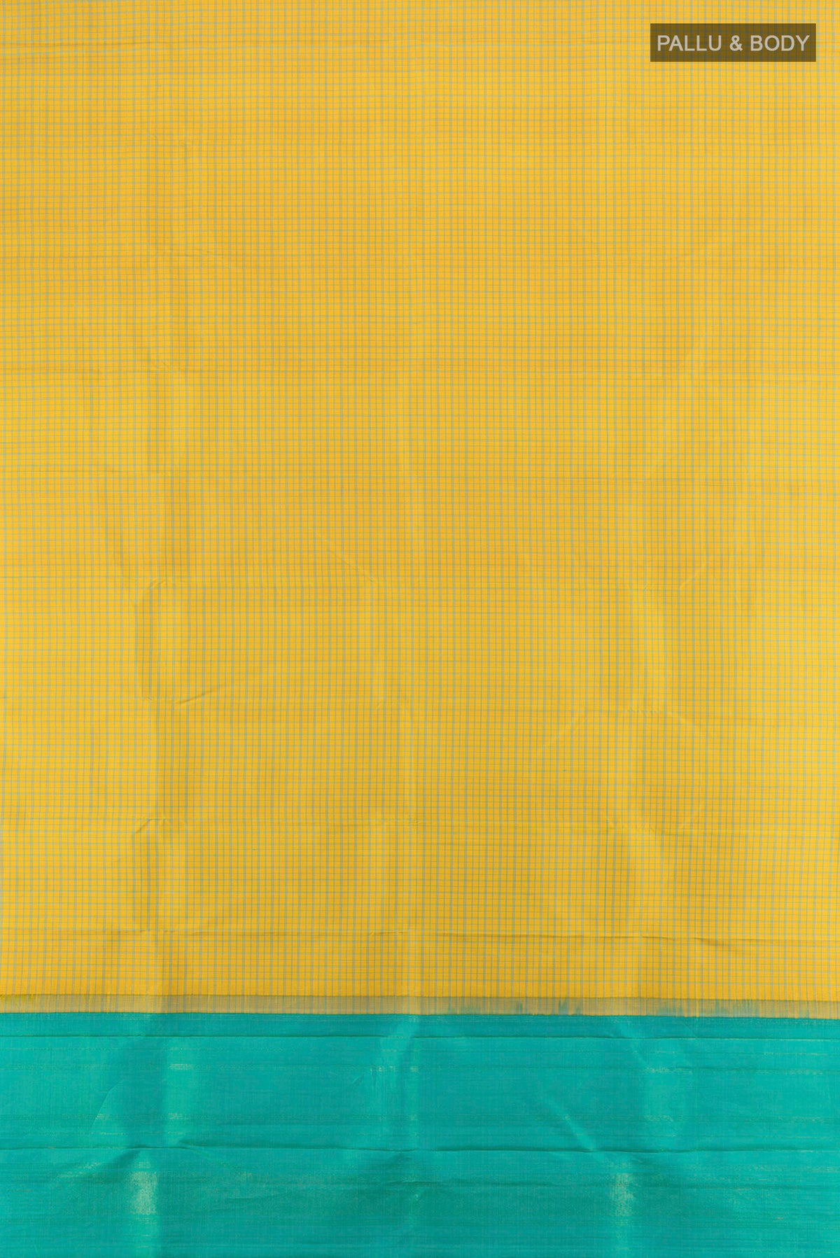Flat view of Pure Silk Pure Zari Yellow Kanjivaram Saree with Checked design on the body and Without Border. 