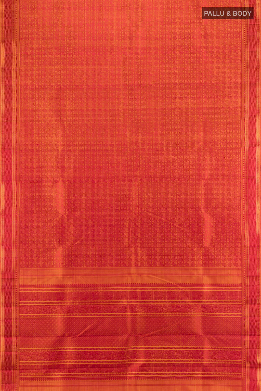 Flat view of Pure Silk Orange Kanchipuram Saree with Jacquard design on the body and Thread Border. 