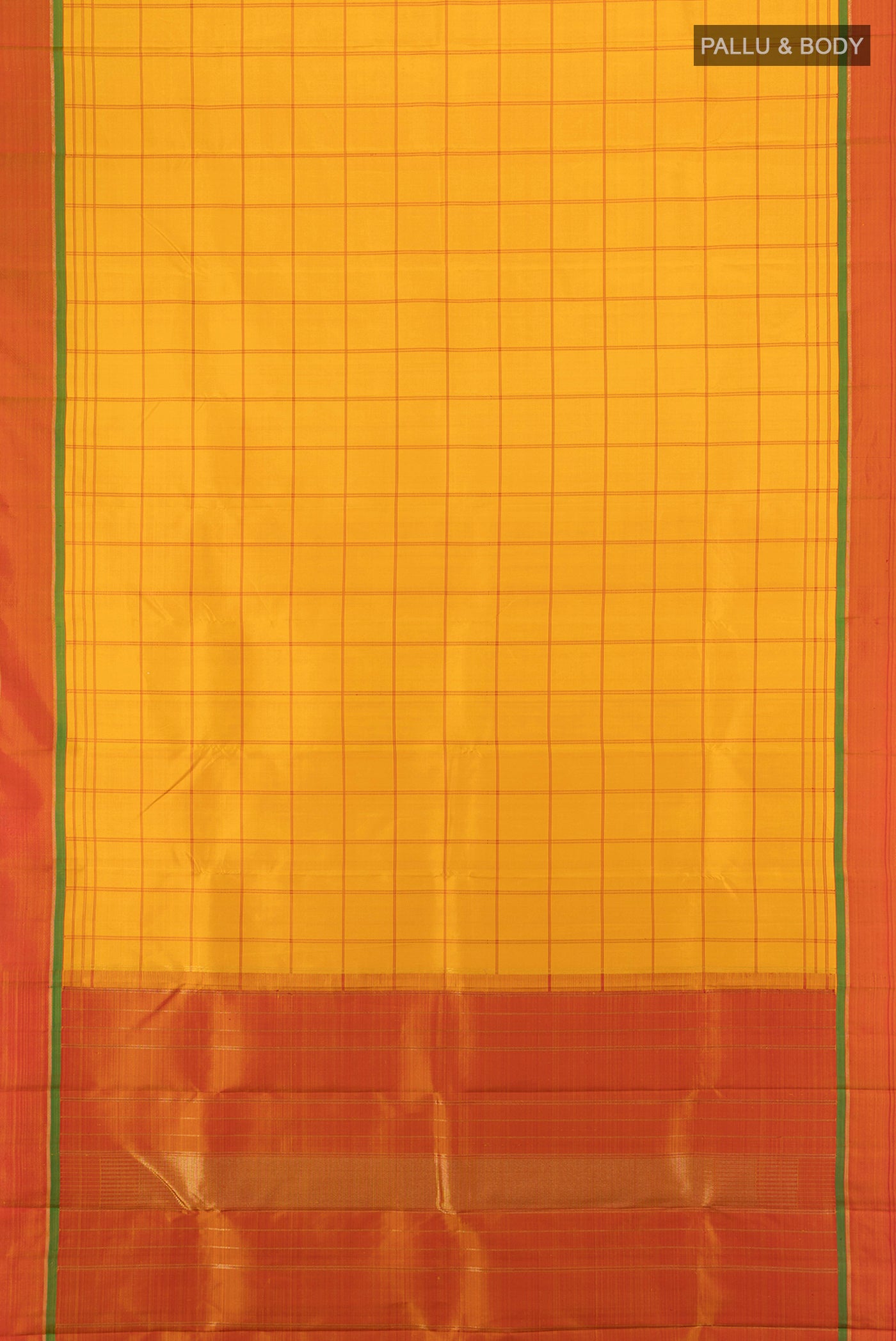 Flat view of Mustard Kanjivaram Silk Saree with Checked design on the body and Plain Border. 