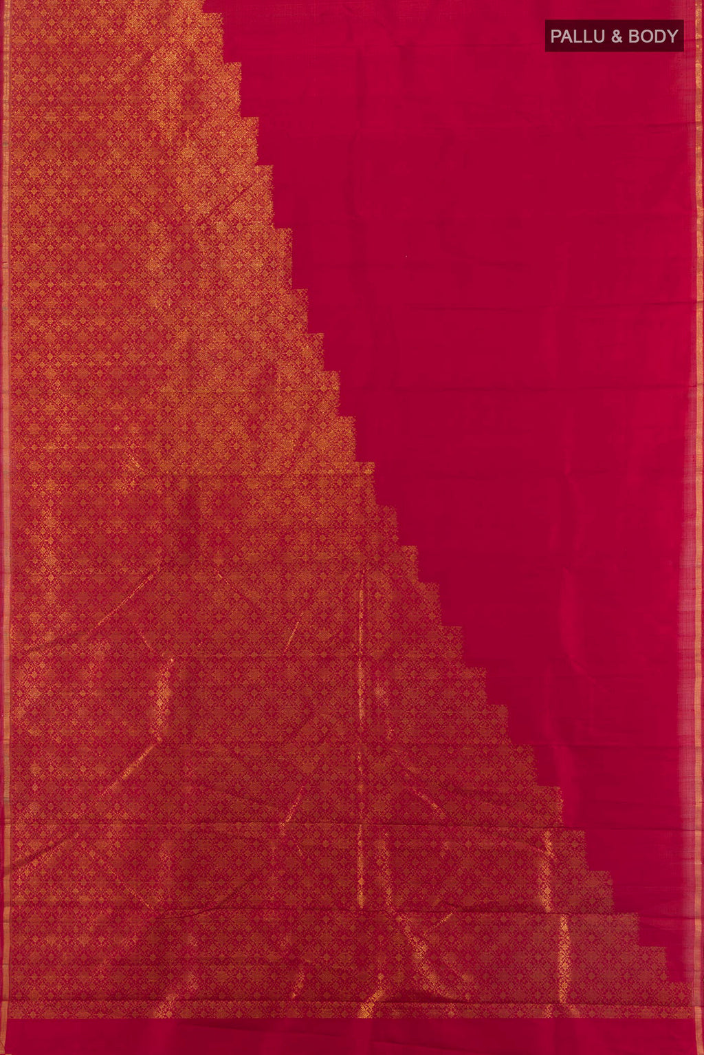 Flat view of Pure Silk Pure Zari Maroon Kanchipuram Saree with Zari Butta on the body and Zari Border. 