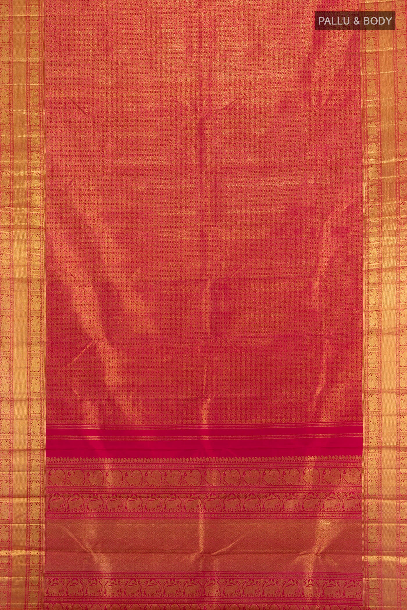 Flat view of Pure Silk Pure Zari Dark Pink Kanjivaram Saree with Zari Brocade on the body and Zari Border. 