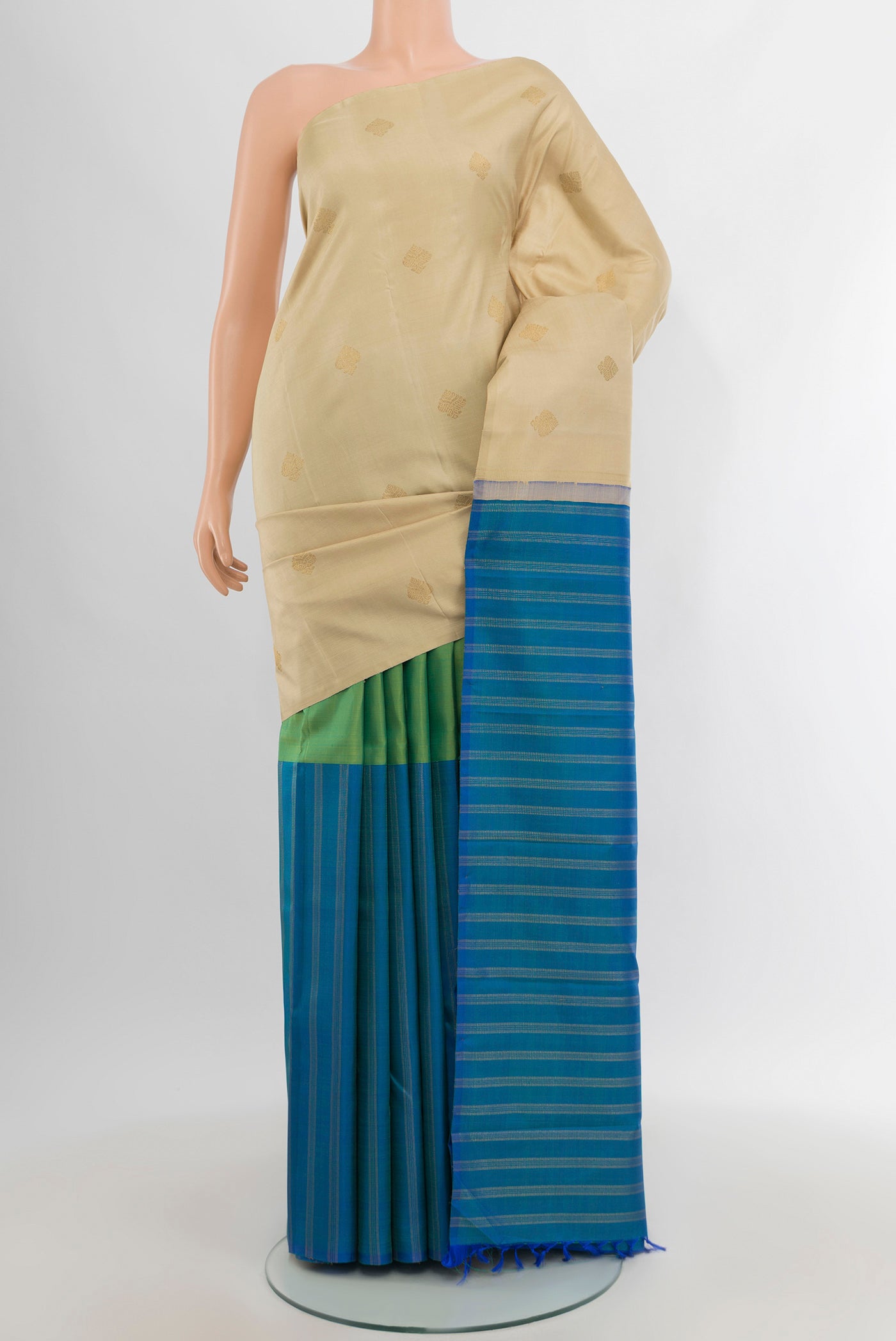 Pure Silk Pure Zari Multi Color Kanchipuram Saree with Half And Half on the body and Without Border.  displayed on a mannequin