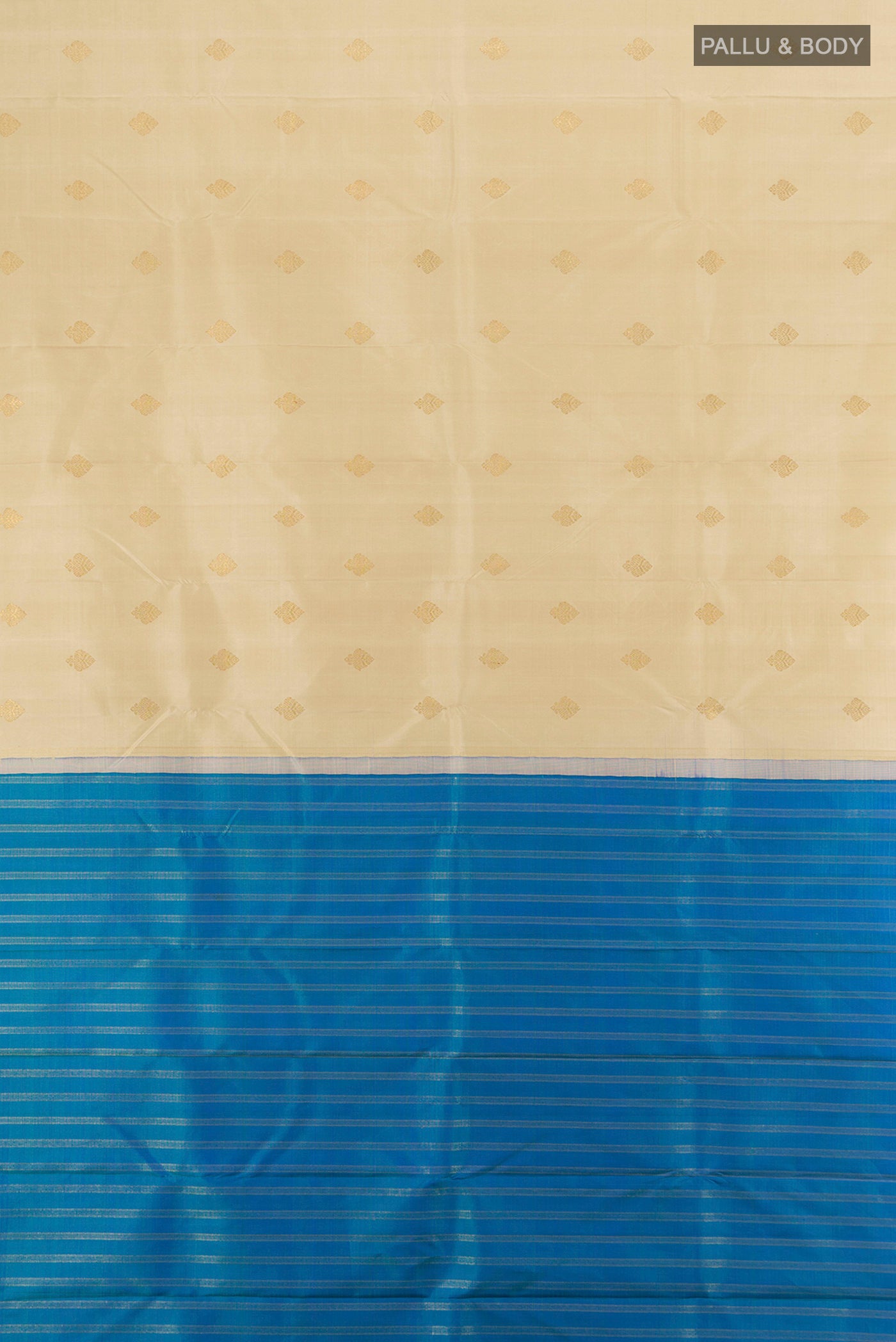 Flat view of Pure Silk Pure Zari Multi Color Kanchipuram Saree with Half And Half on the body and Without Border. 