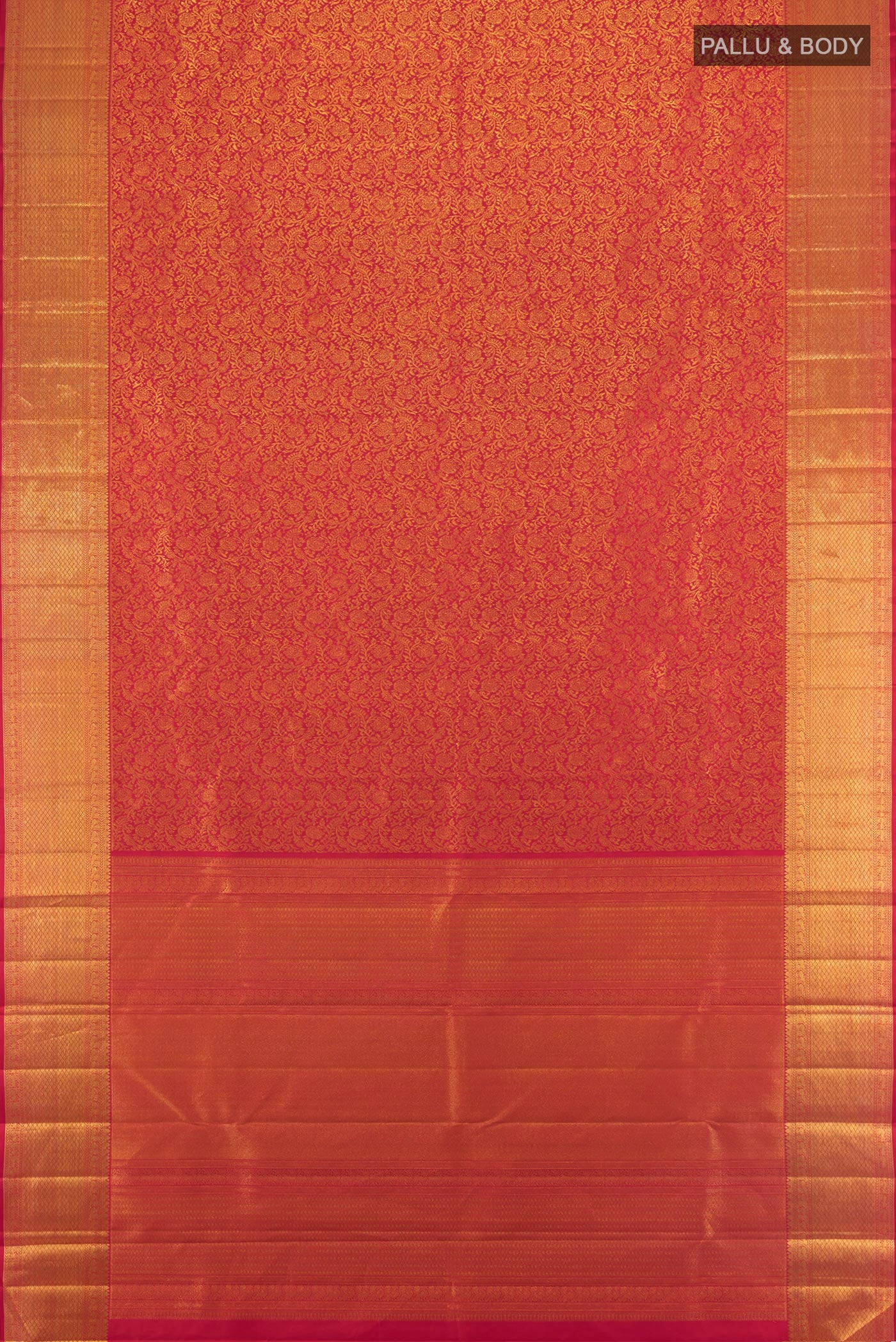 Flat view of Pure Silk Pure Zari Maroon Kanjivaram Saree with Zari Brocade on the body and Zari Border. 