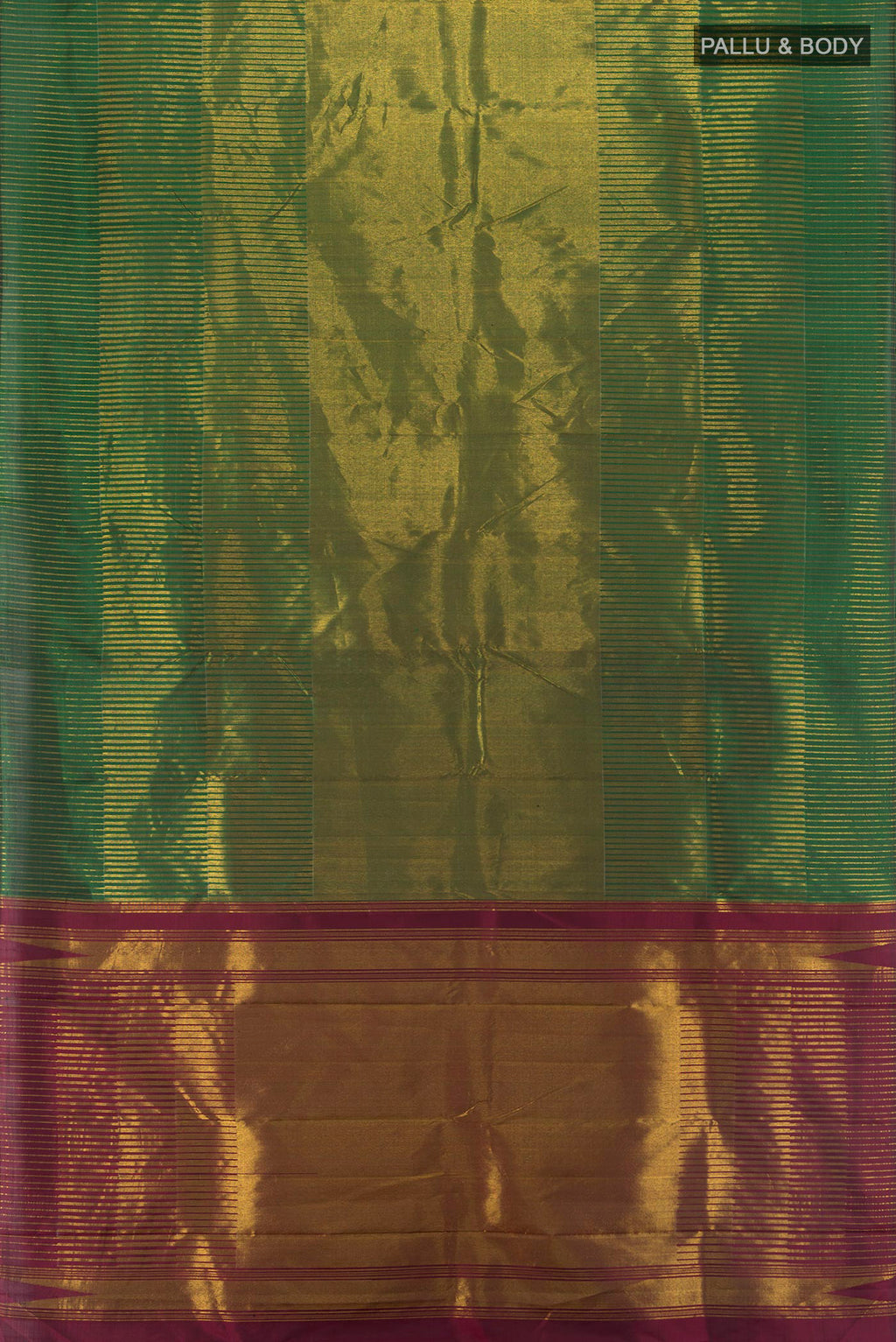 Flat view of Bottle Green Kanchipuram Silk Saree with Stripes on the body and Without Border. 
