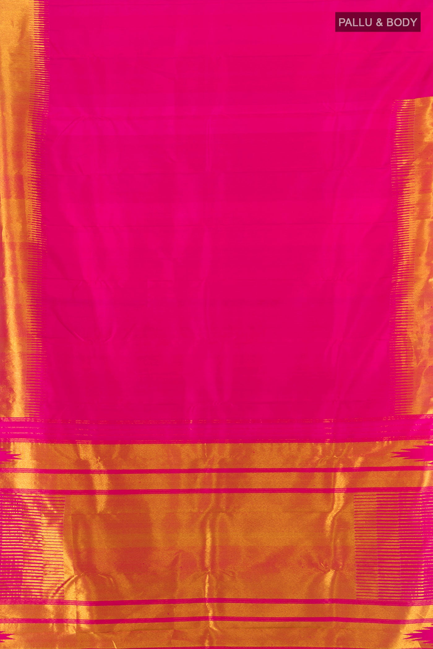 Flat view of Pink Kanjivaram Silk Saree with Plain Body and Temple Border. 
