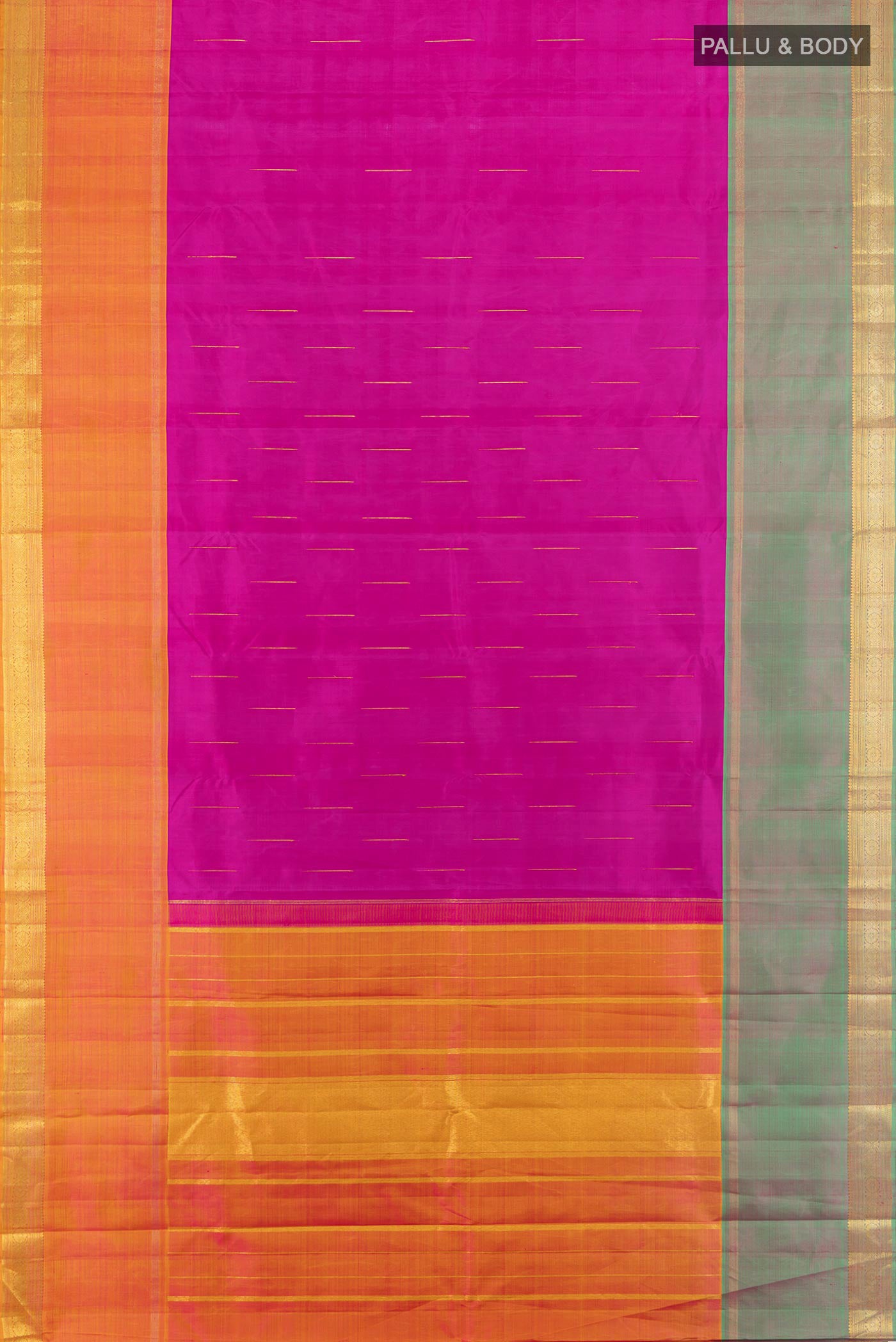 Flat view of Magenta Kanjivaram Silk Saree with Zari Butta on the body and Ganga Jamuna Border. 