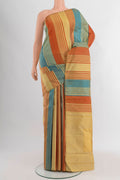 Multi Color Kanchipuram Silk Saree with Stripes on the body and Without Border.  displayed on a mannequin