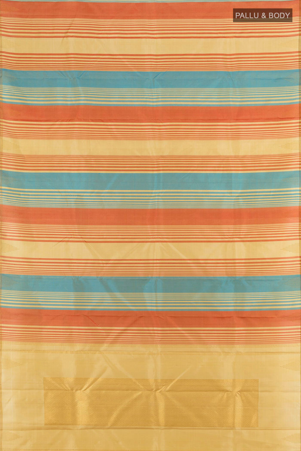Flat view of Multi Color Kanchipuram Silk Saree with Stripes on the body and Without Border. 