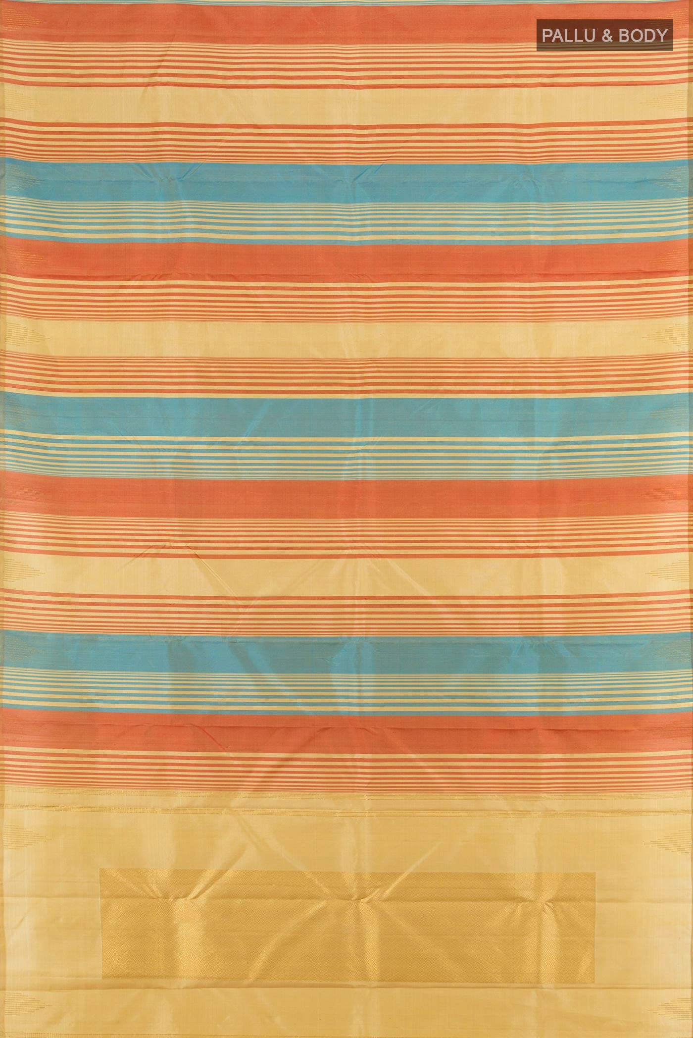 Flat view of Multi Color Kanchipuram Silk Saree with Stripes on the body and Without Border. 
