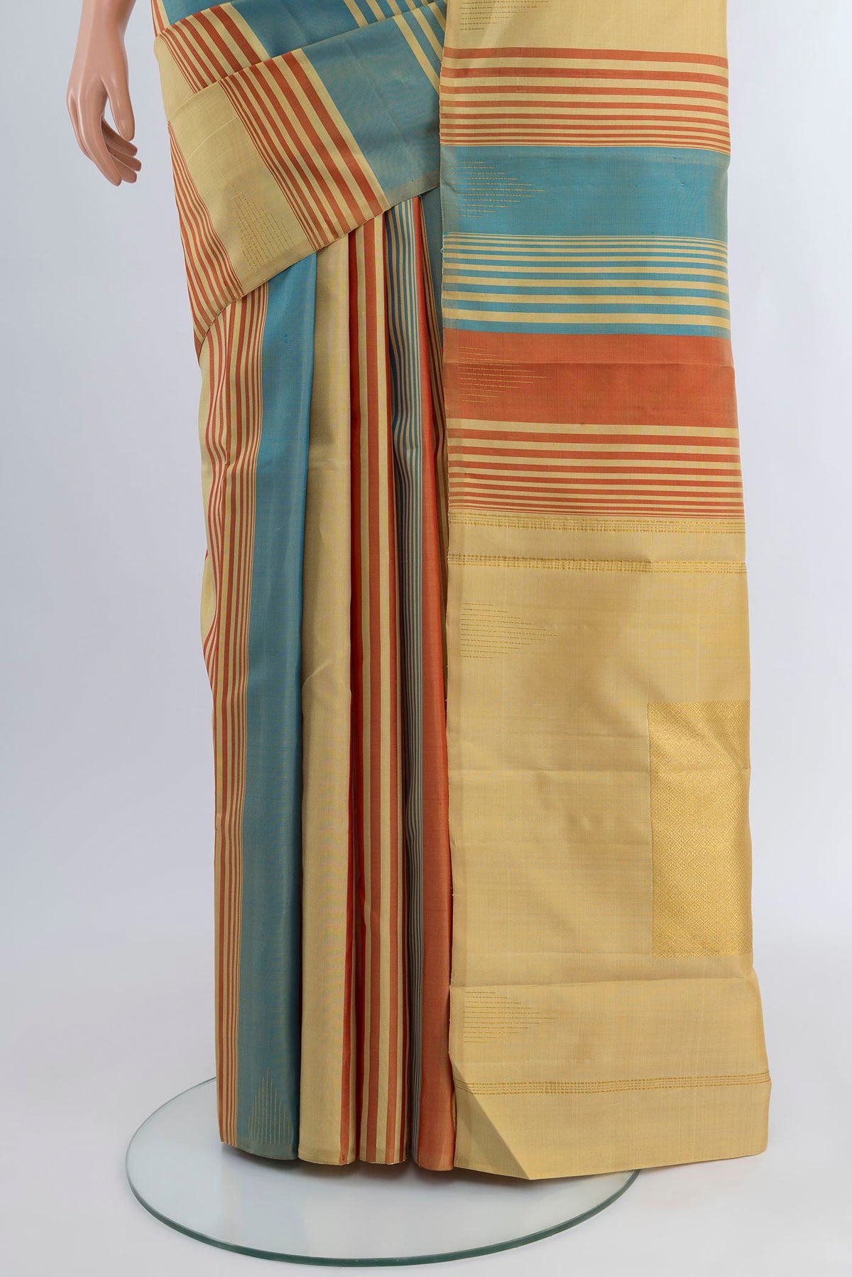 Pleats and pallu of Multi Color Kanchipuram Silk Saree with Stripes on the body and Without Border. 