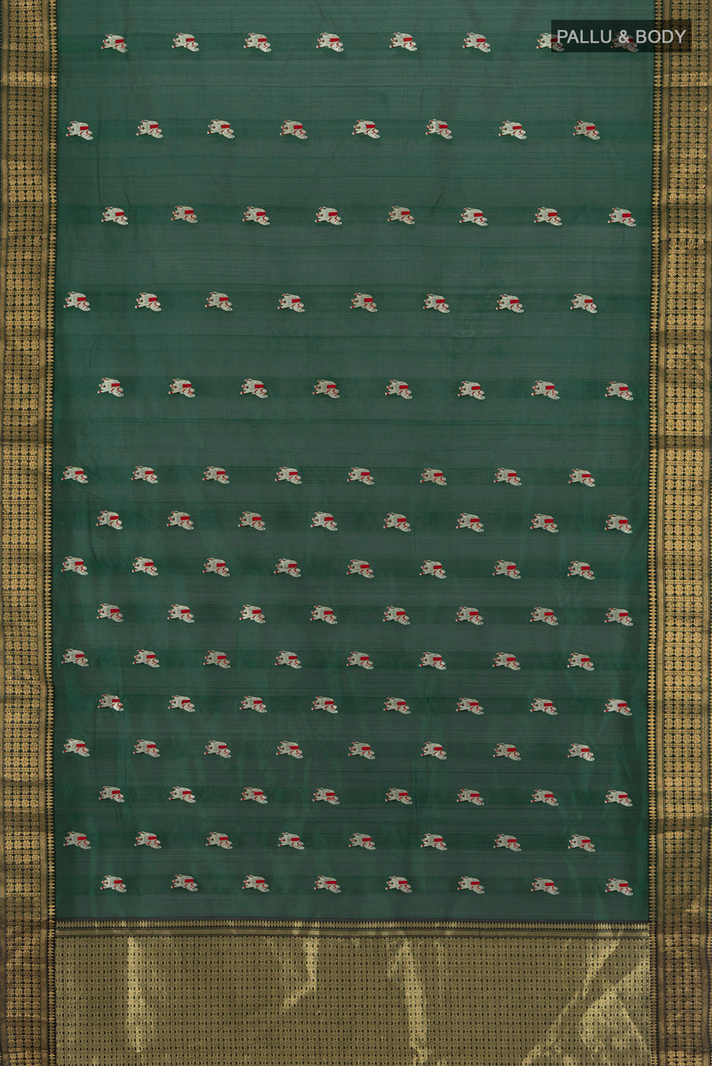 Flat view of Bottle Green Chanderi Silk Cotton Saree with Zari And Thread Butta on the body and Zari Border. 