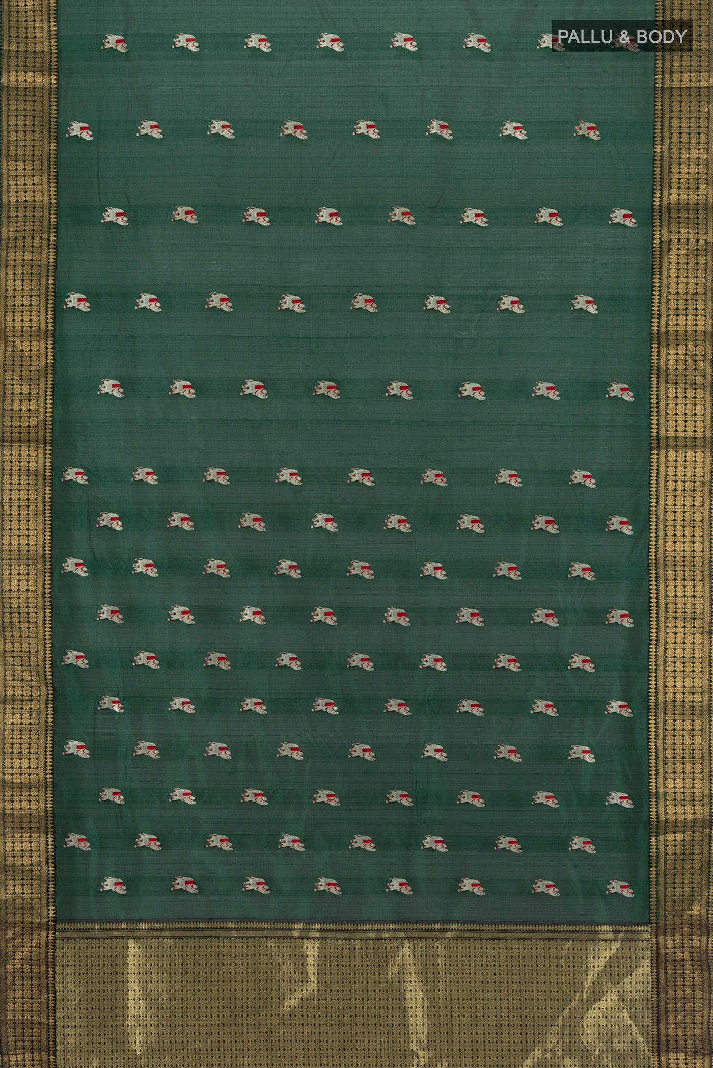 Flat view of Bottle Green Chanderi Silk Cotton Saree with Zari And Thread Butta on the body and Zari Border. 