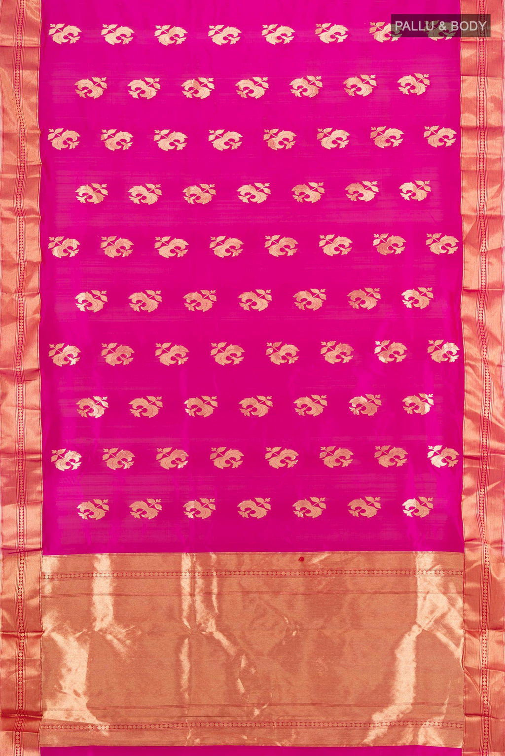Flat view of Rani Pink Chanderi Silk Saree with Zari Butta on the body and Zari Border. 