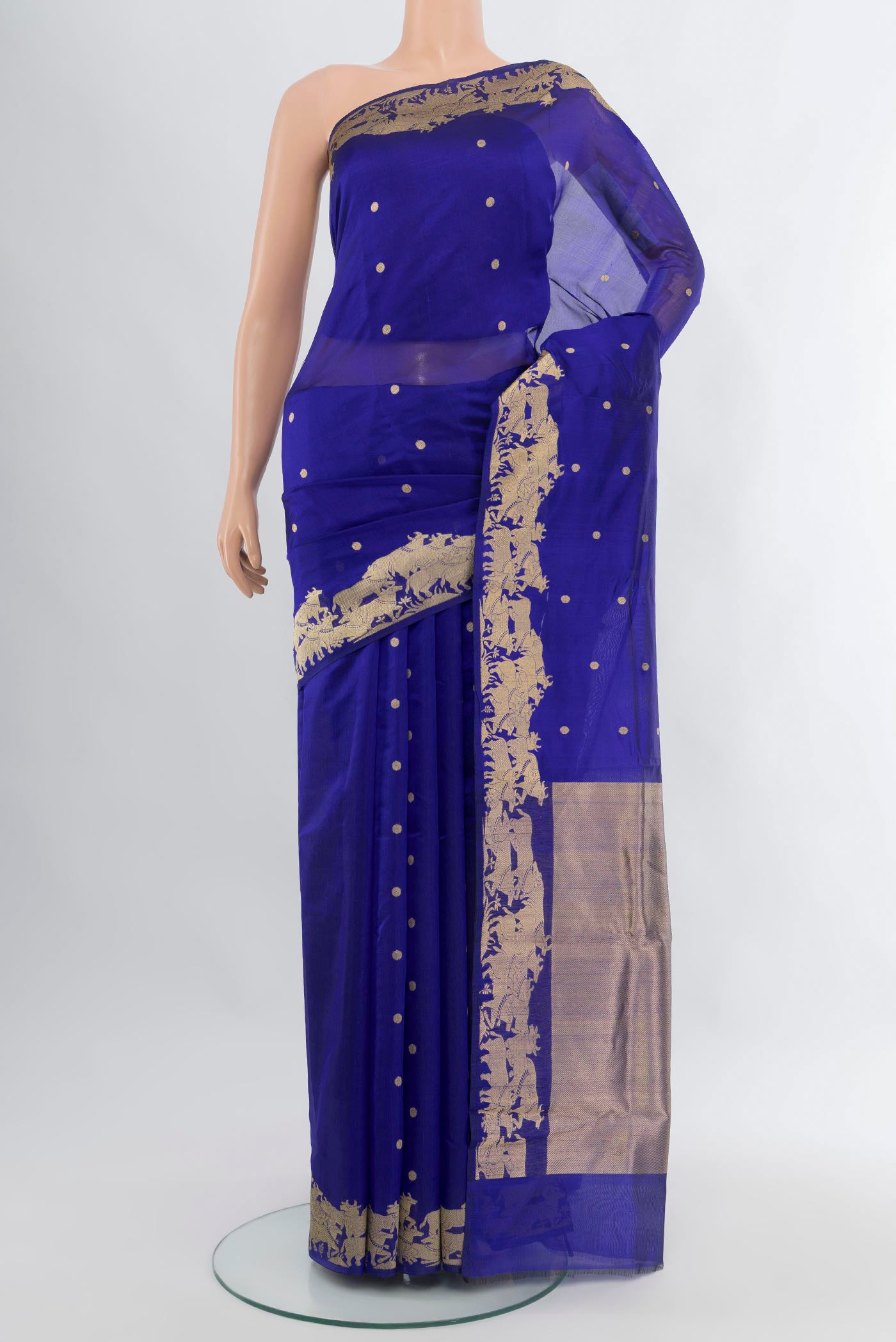 Royal Blue Chanderi Silk Saree with Zari Butta on the body and Fancy Border.  displayed on a mannequin