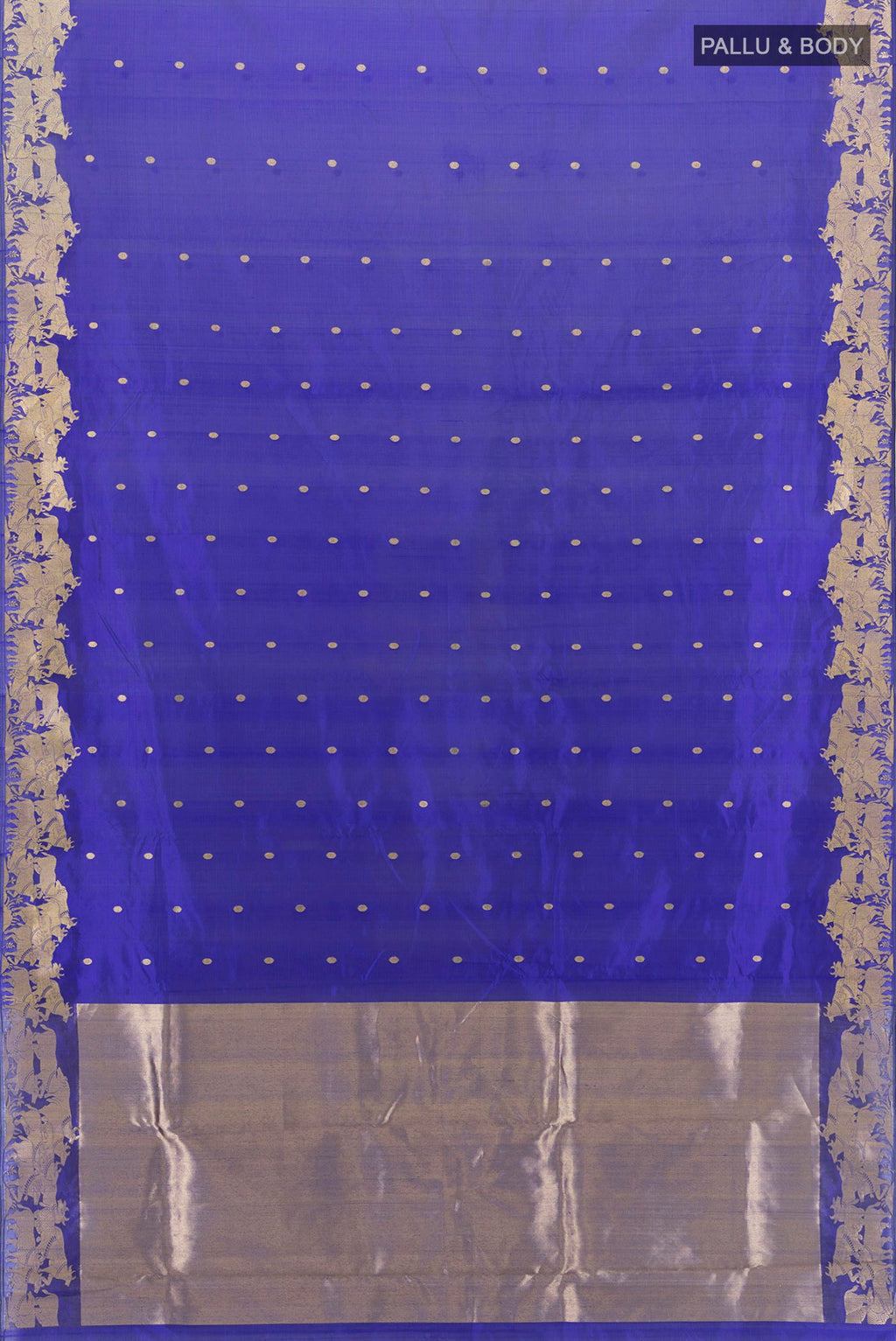 Flat view of Royal Blue Chanderi Silk Saree with Zari Butta on the body and Fancy Border. 