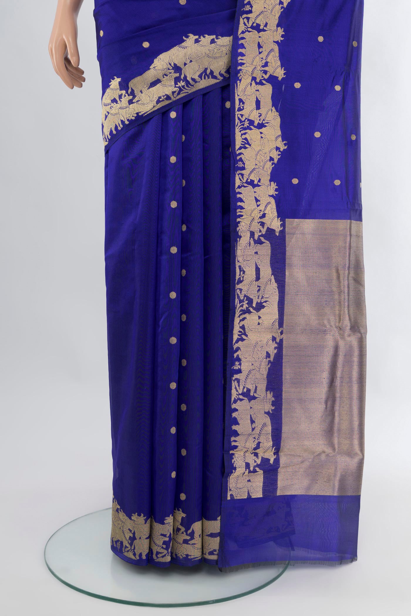 Pleats and pallu of Royal Blue Chanderi Silk Saree with Zari Butta on the body and Fancy Border. 