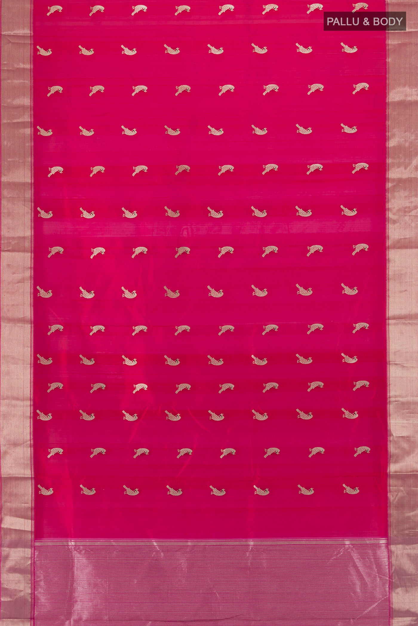 Flat view of Dark Pink Chanderi Silk Cotton Saree with Zari Butta on the body and Zari Border. 