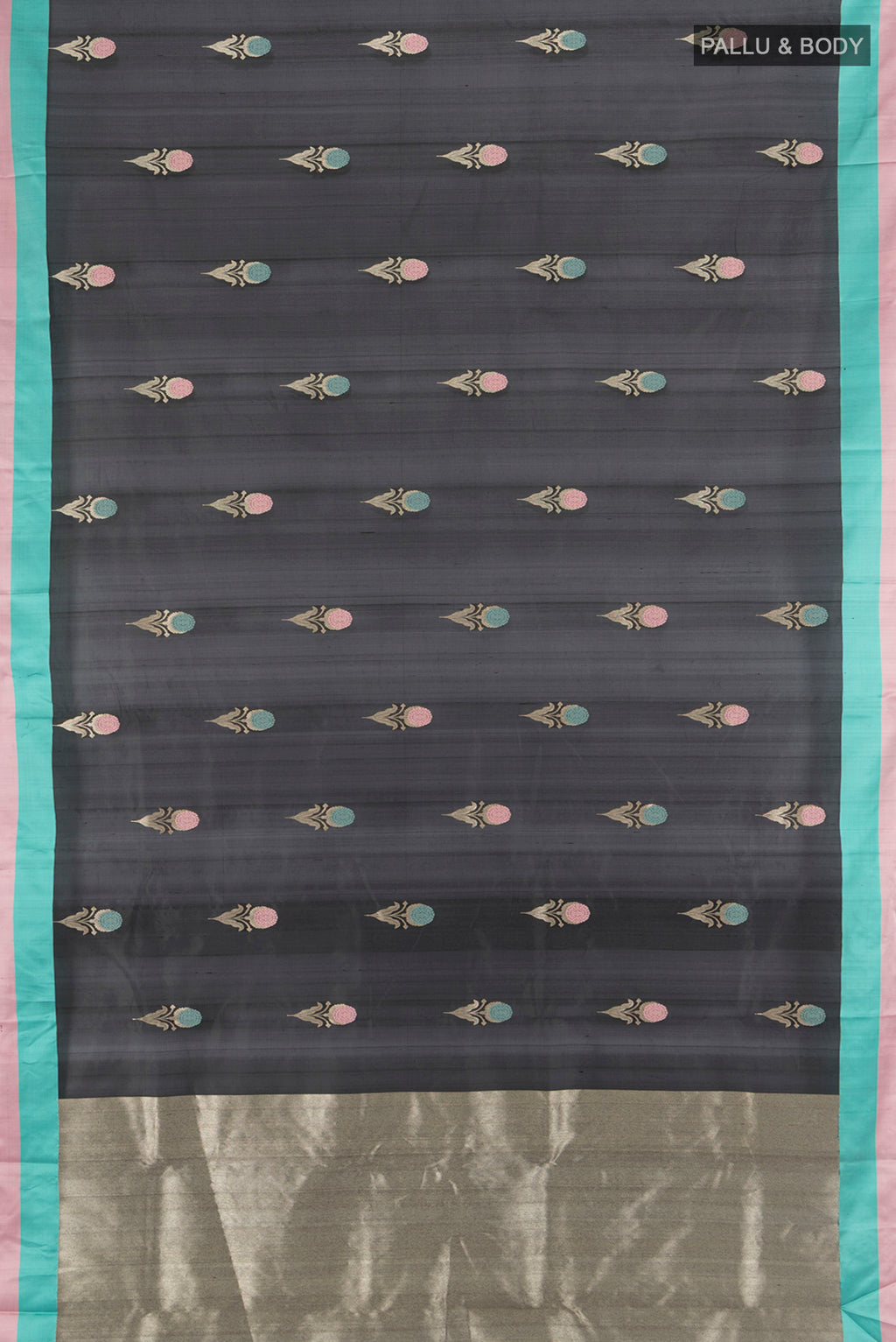 Flat view of Black Chanderi Silk Cotton Saree with Zari Butta on the body and Plain Border. 