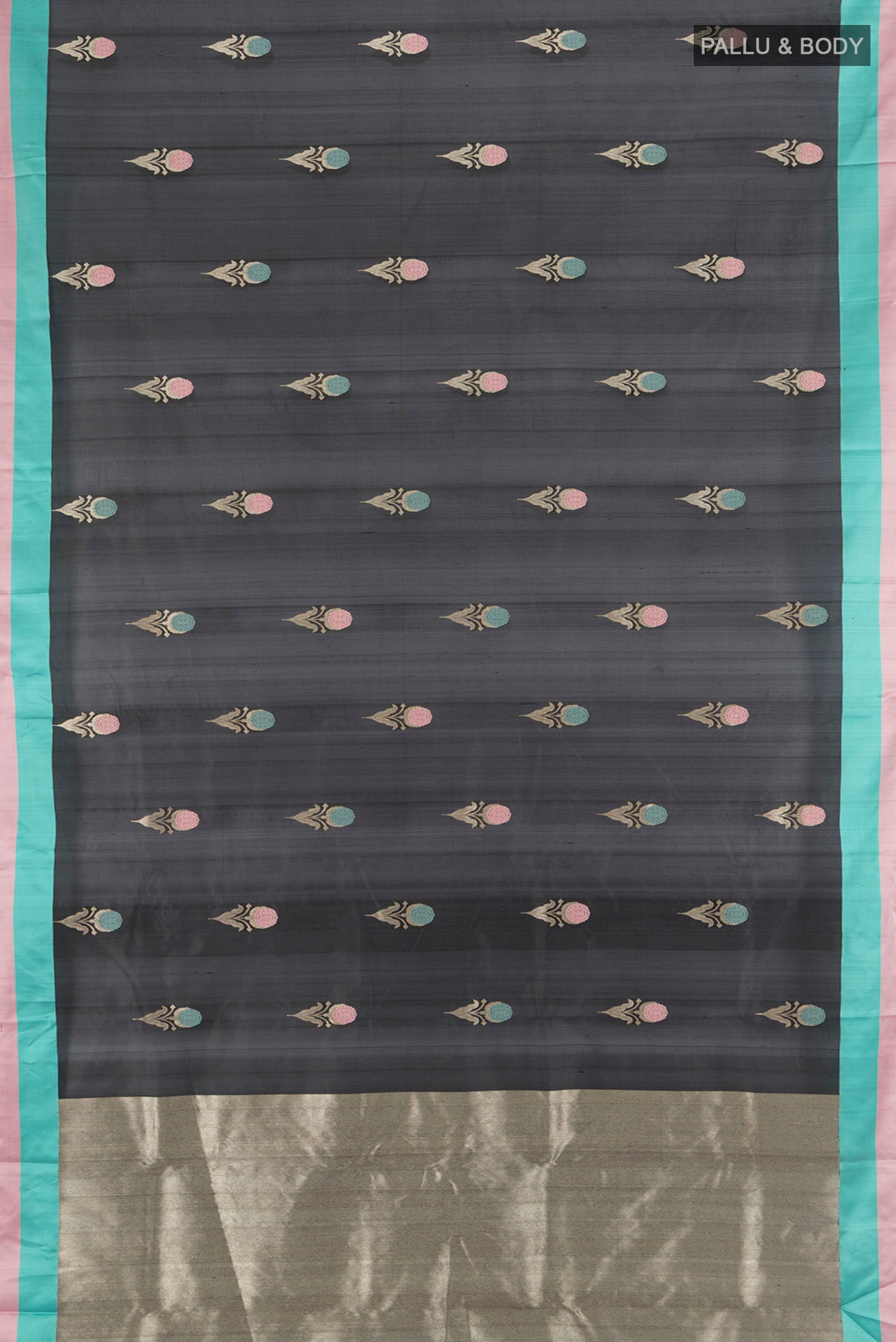 Flat view of Black Chanderi Silk Cotton Saree with Zari Butta on the body and Plain Border. 