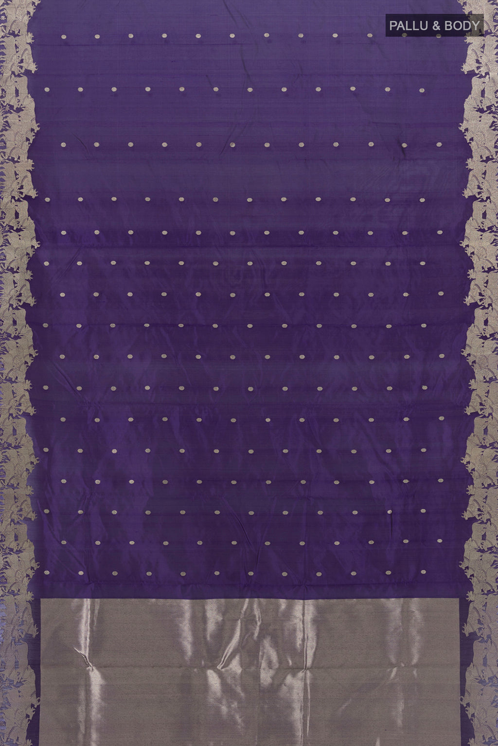 Flat view of Violet Chanderi Silk Cotton Saree with Zari Butta on the body and Fancy Border. 