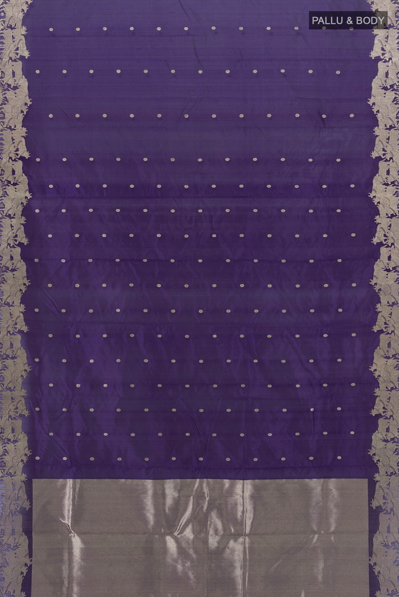 Flat view of Violet Chanderi Silk Cotton Saree with Zari Butta on the body and Fancy Border. 