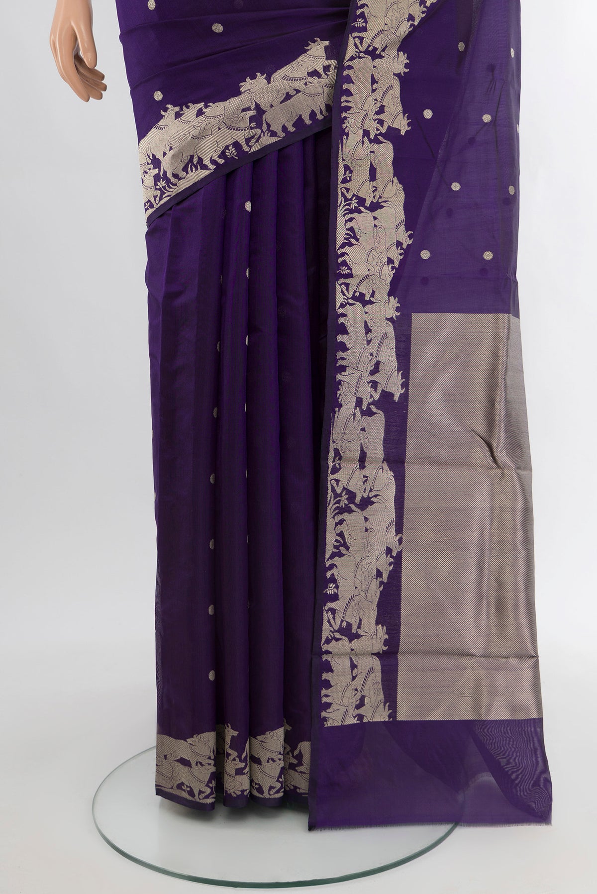 Pleats and pallu of Violet Chanderi Silk Cotton Saree with Zari Butta on the body and Fancy Border. 