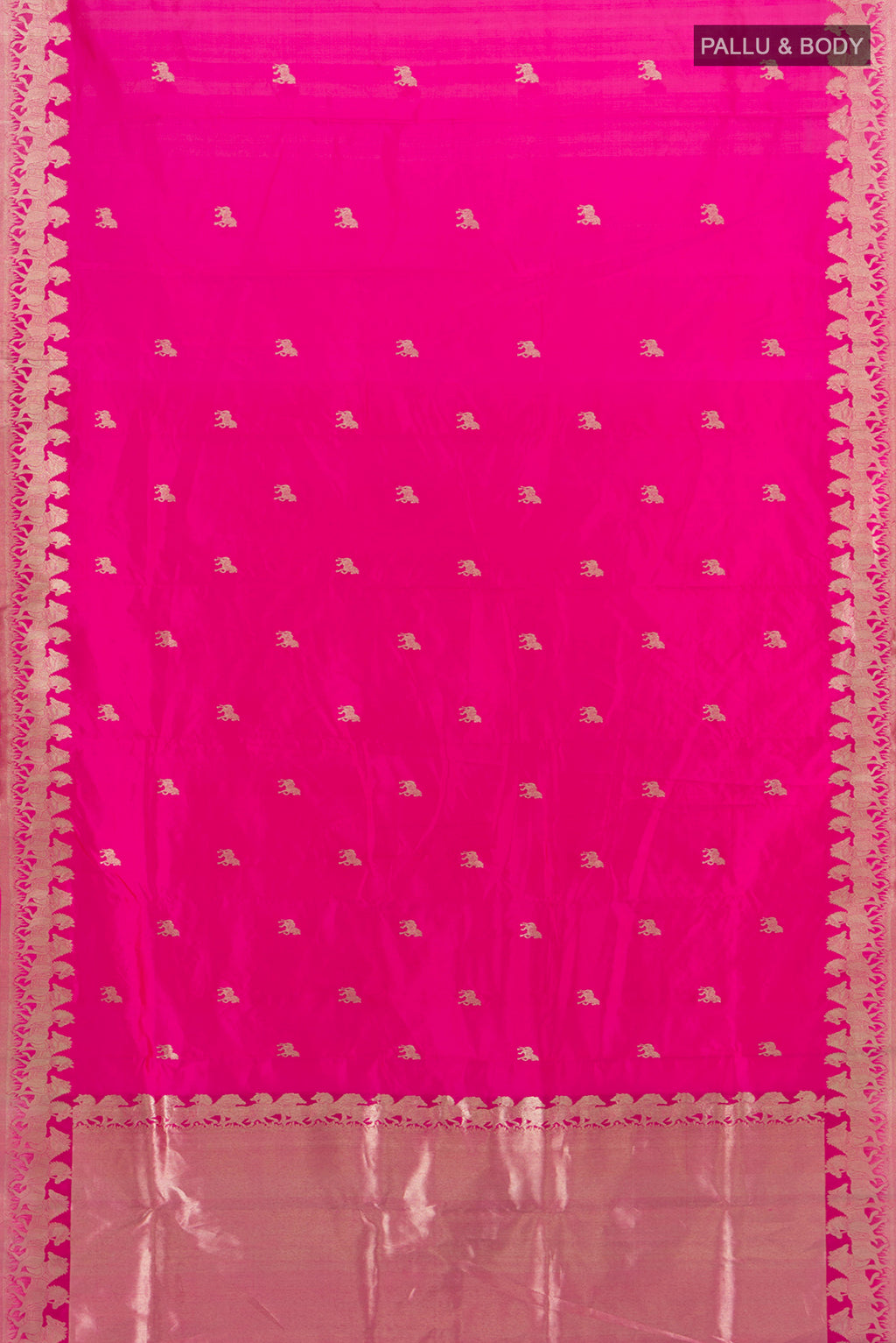 Flat view of Rani Pink Banarasi Katan Silk Saree with Zari Butta on the body and Zari Border. 