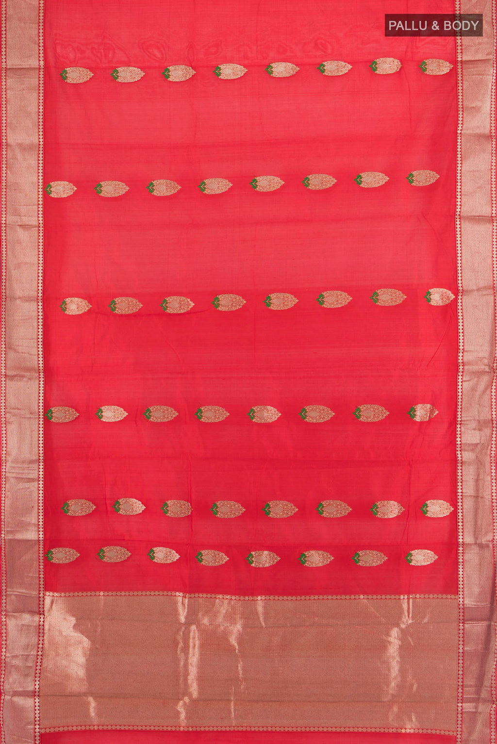 Flat view of Red Chanderi Cotton Saree with Zari Butta on the body and Zari Border. 