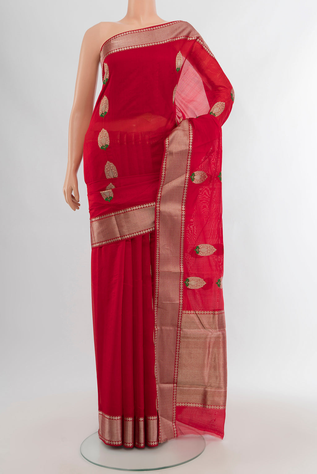 Red Chanderi Silk Cotton Saree with Zari Butta on the body and Zari Border.  displayed on a mannequin