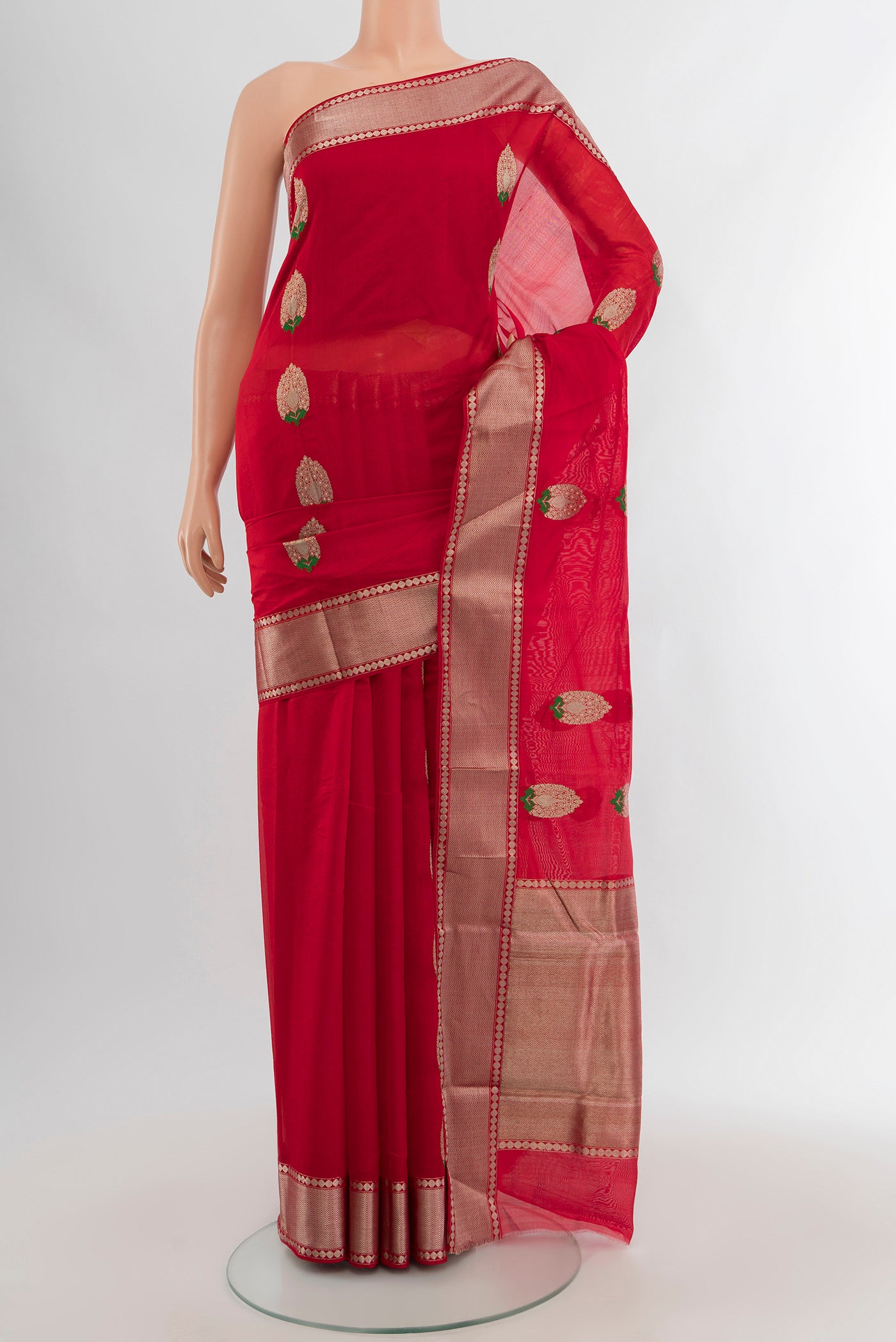 Red Chanderi Silk Cotton Saree with Zari Butta on the body and Zari Border.  displayed on a mannequin