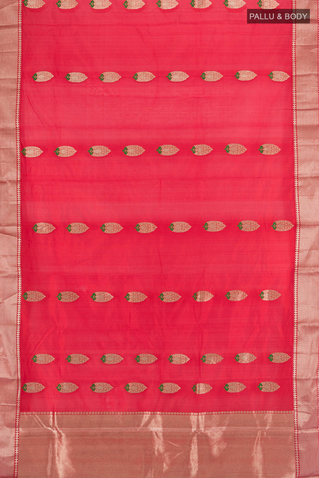 Flat view of Red Chanderi Silk Cotton Saree with Zari Butta on the body and Zari Border. 