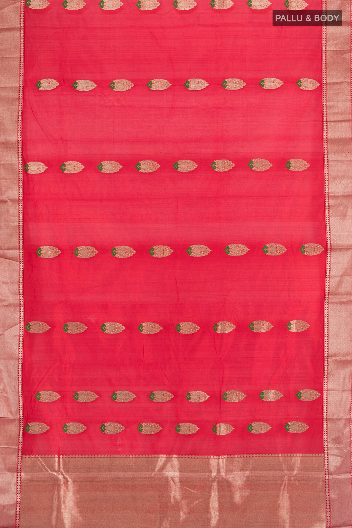 Flat view of Red Chanderi Silk Cotton Saree with Zari Butta on the body and Zari Border. 