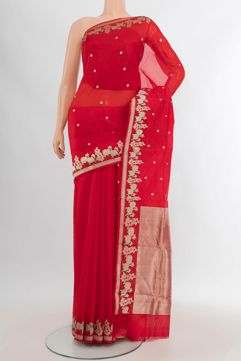 Pure Silk Pure Zari Red Chanderi Saree with Zari Butta on the body and Fancy Border.  displayed on a mannequin
