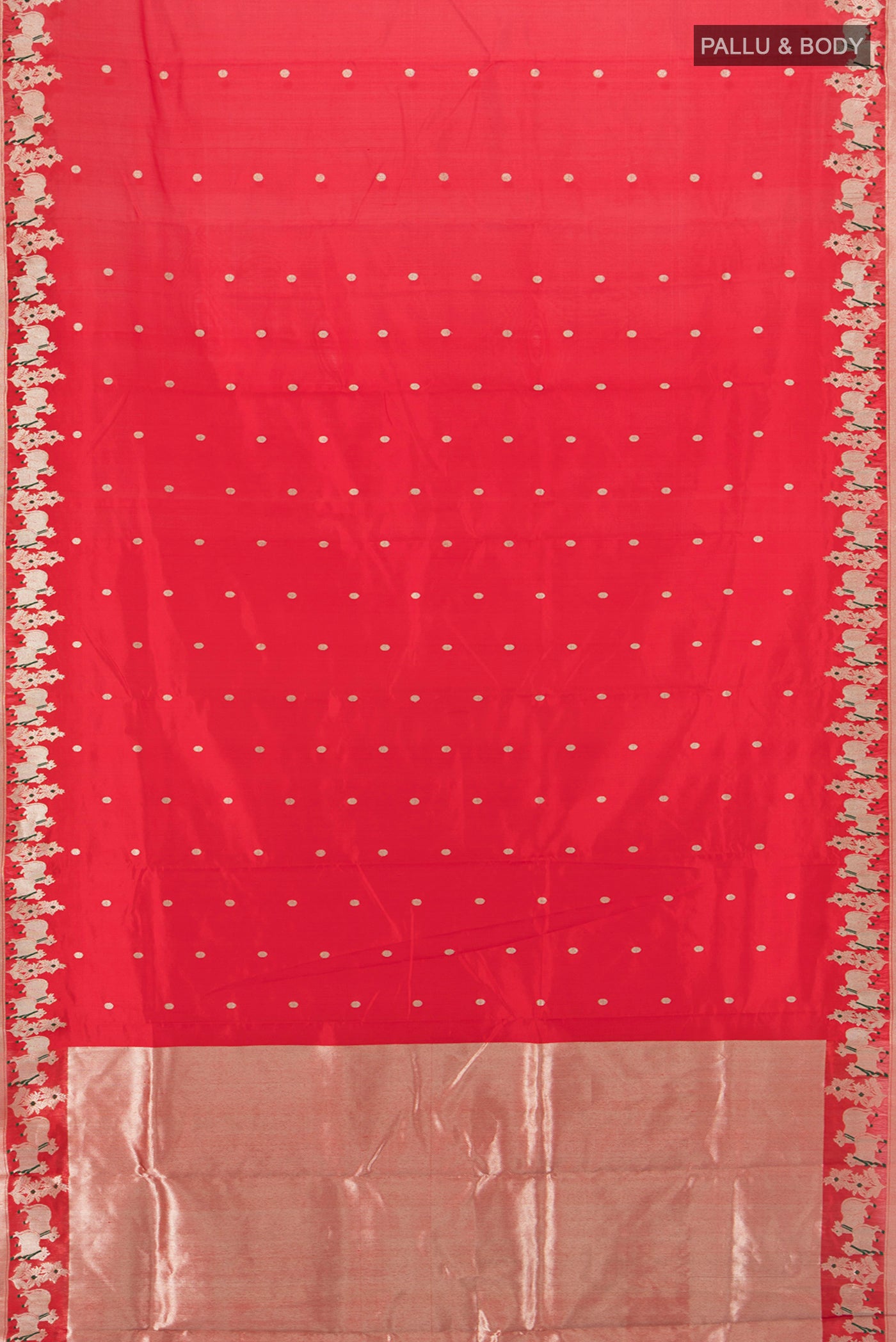 Flat view of Pure Silk Pure Zari Red Chanderi Saree with Zari Butta on the body and Fancy Border. 