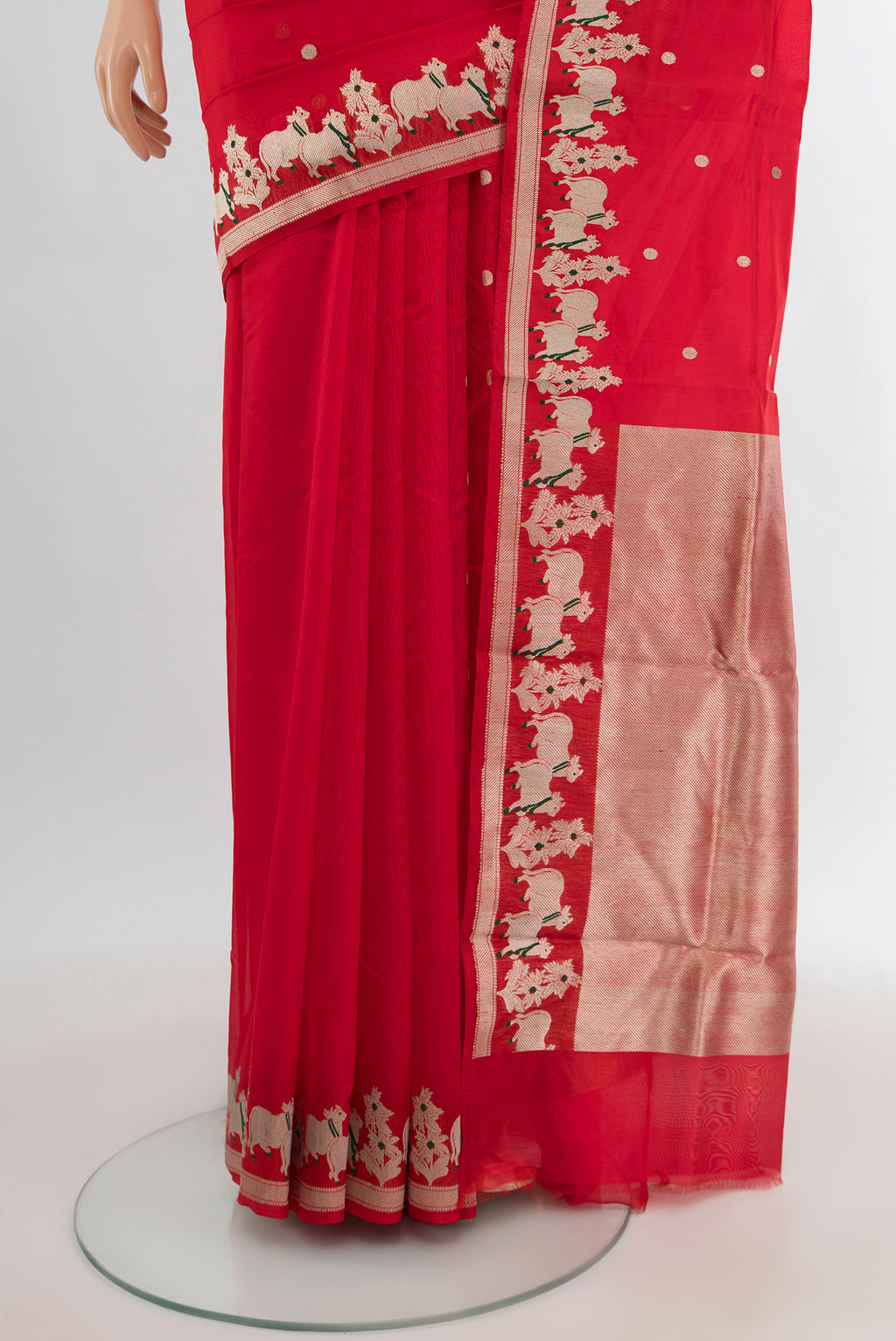 Pleats and pallu of Pure Silk Pure Zari Red Chanderi Saree with Zari Butta on the body and Fancy Border. 
