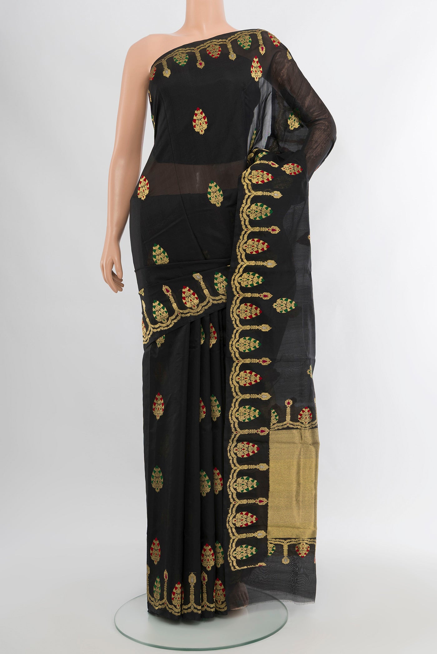 Black Chanderi Silk Cotton Saree with Zari Butta on the body and Fancy Border.  displayed on a mannequin