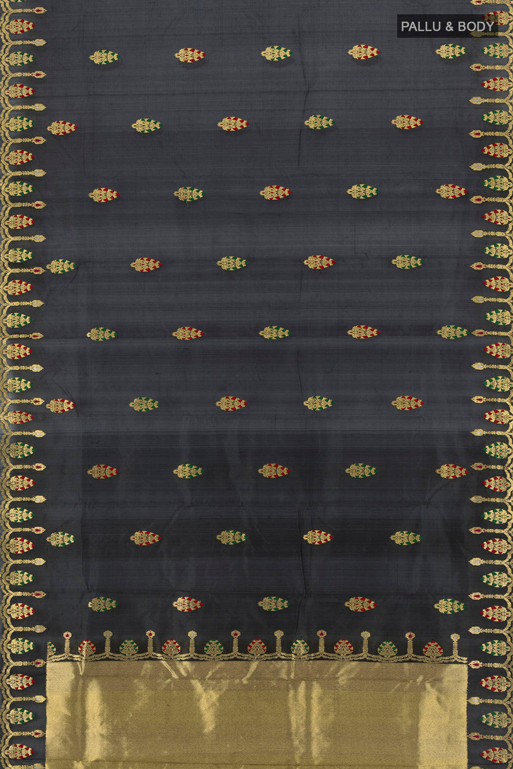 Flat view of Black Chanderi Silk Cotton Saree with Zari Butta on the body and Fancy Border. 
