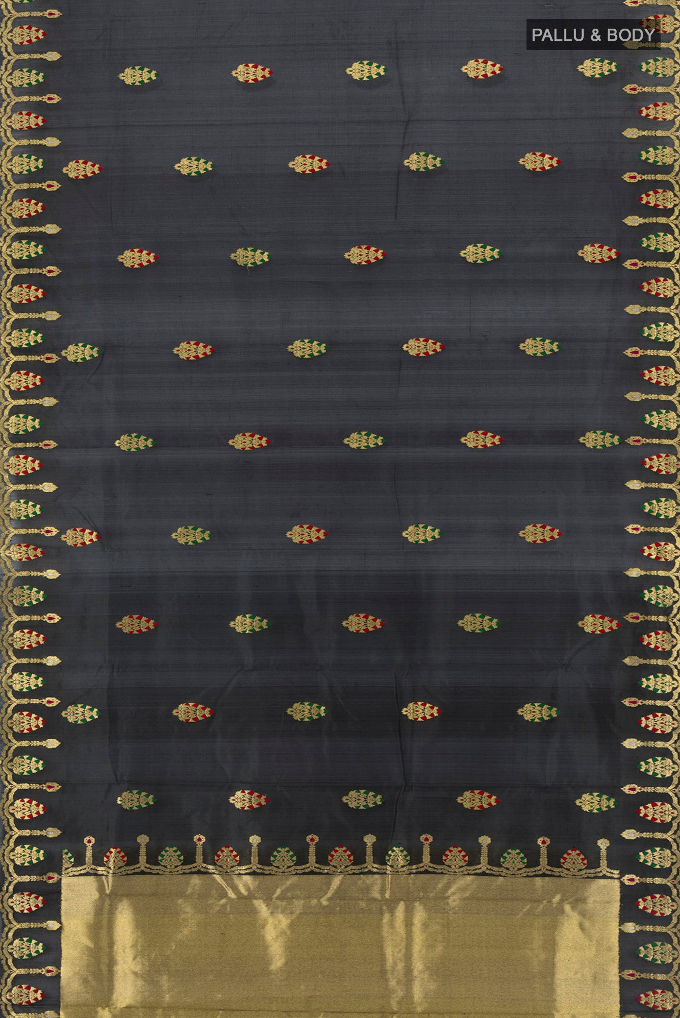 Flat view of Black Chanderi Silk Cotton Saree with Zari Butta on the body and Fancy Border. 