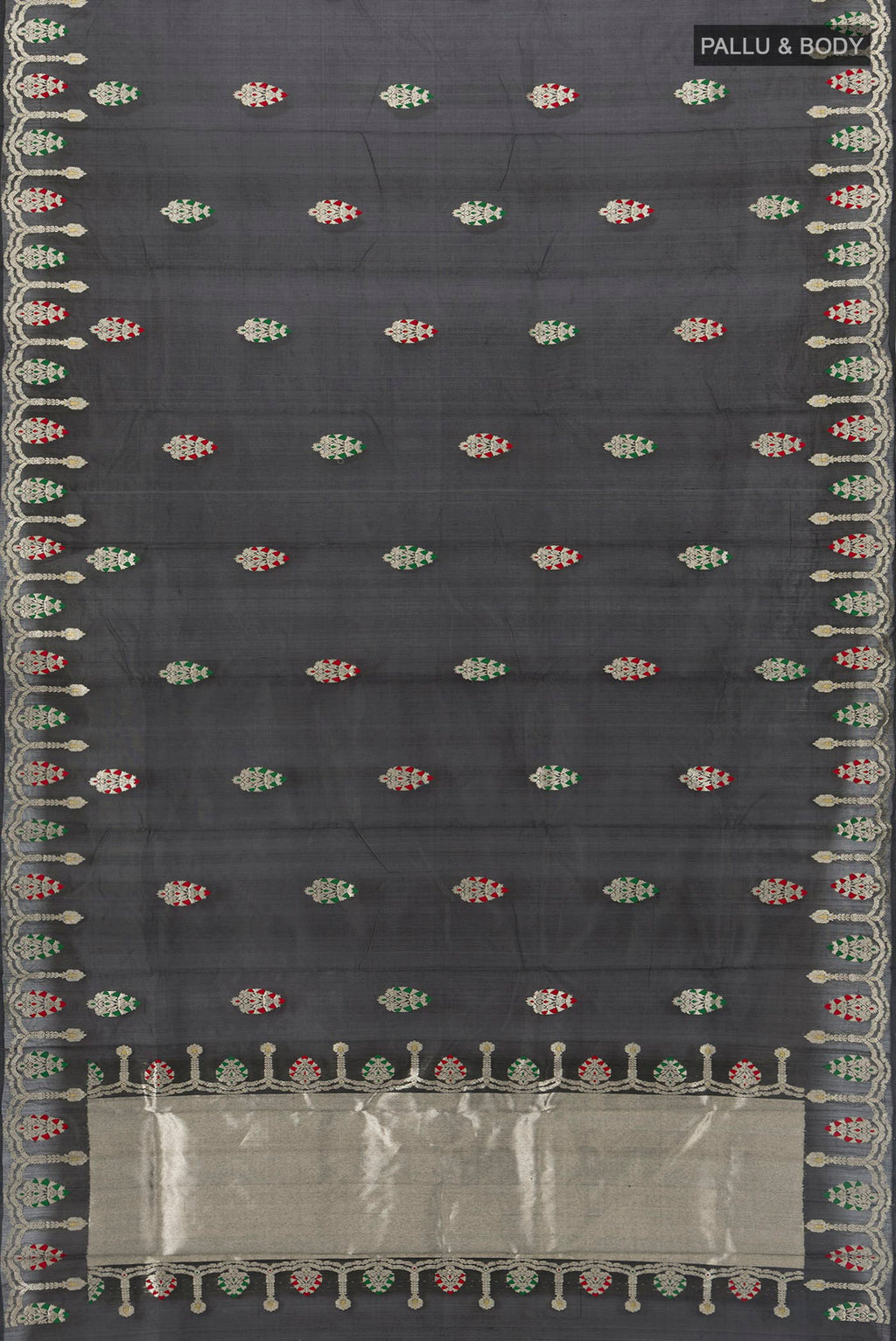 Flat view of Black Chanderi Silk Saree with Zari Butta on the body and Fancy Border. 