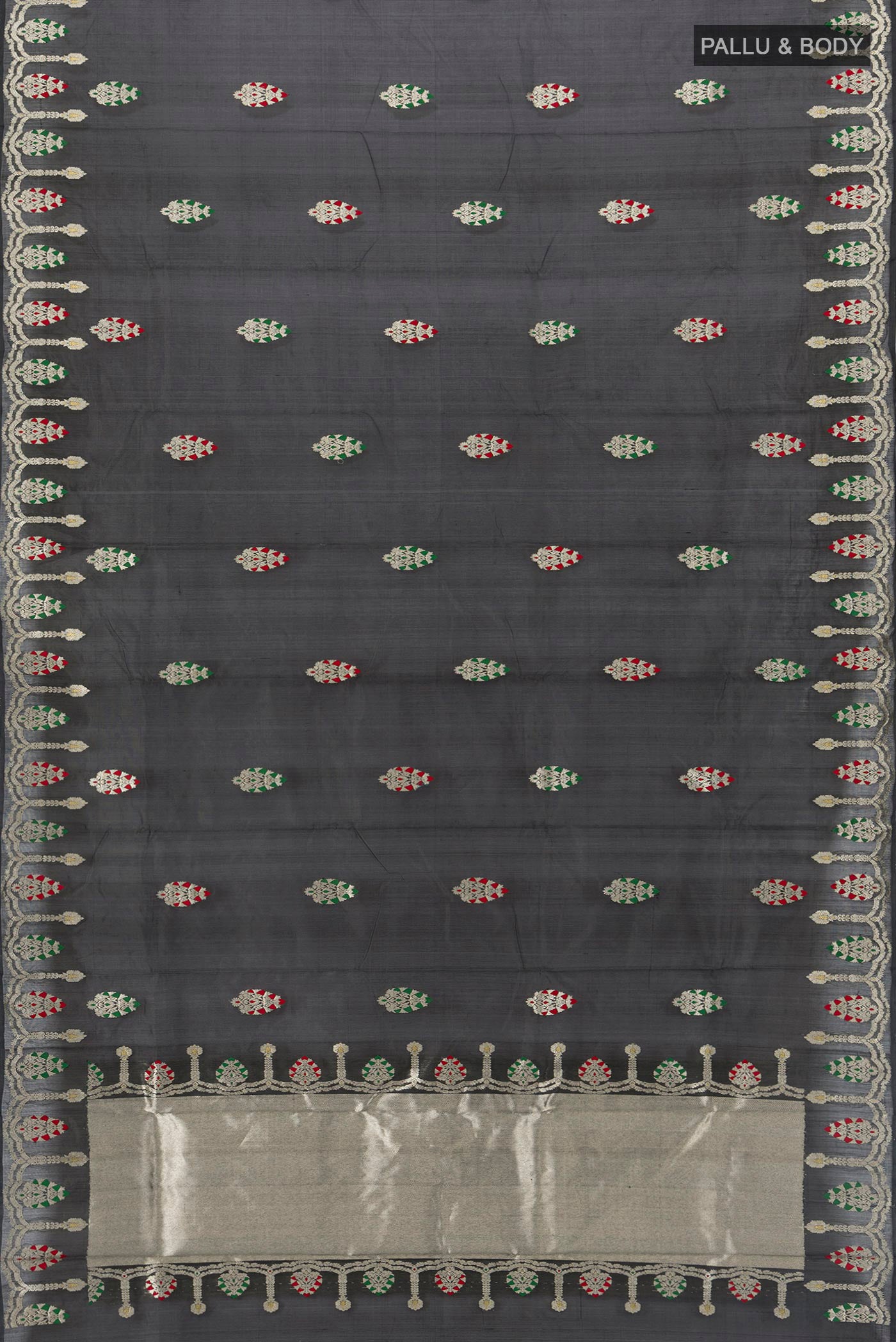 Flat view of Black Chanderi Silk Saree with Zari Butta on the body and Fancy Border. 