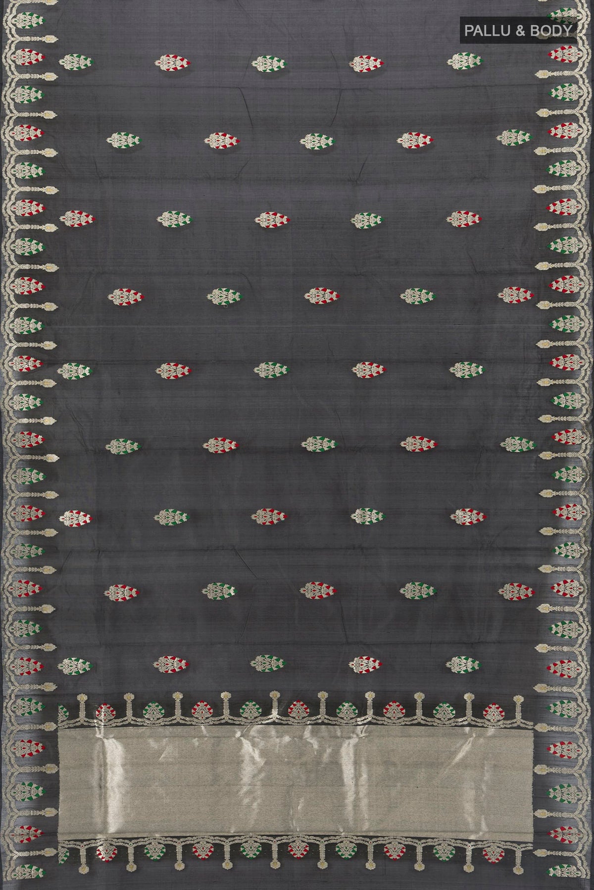 Flat view of Black Chanderi Silk Saree with Zari Butta on the body and Fancy Border. 